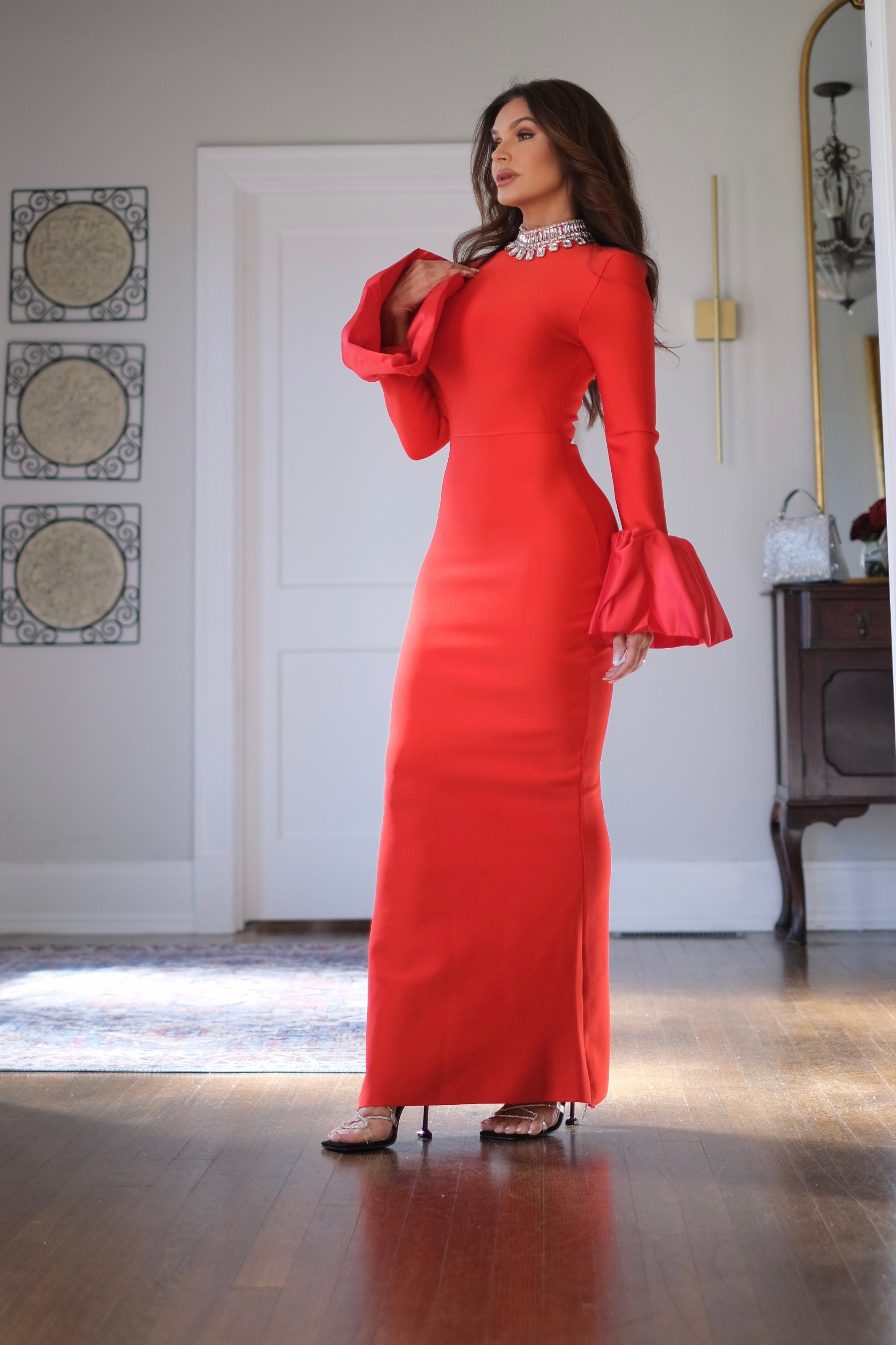 Loni red bandage midi dress with satin sleeve ruffles and crystal detail