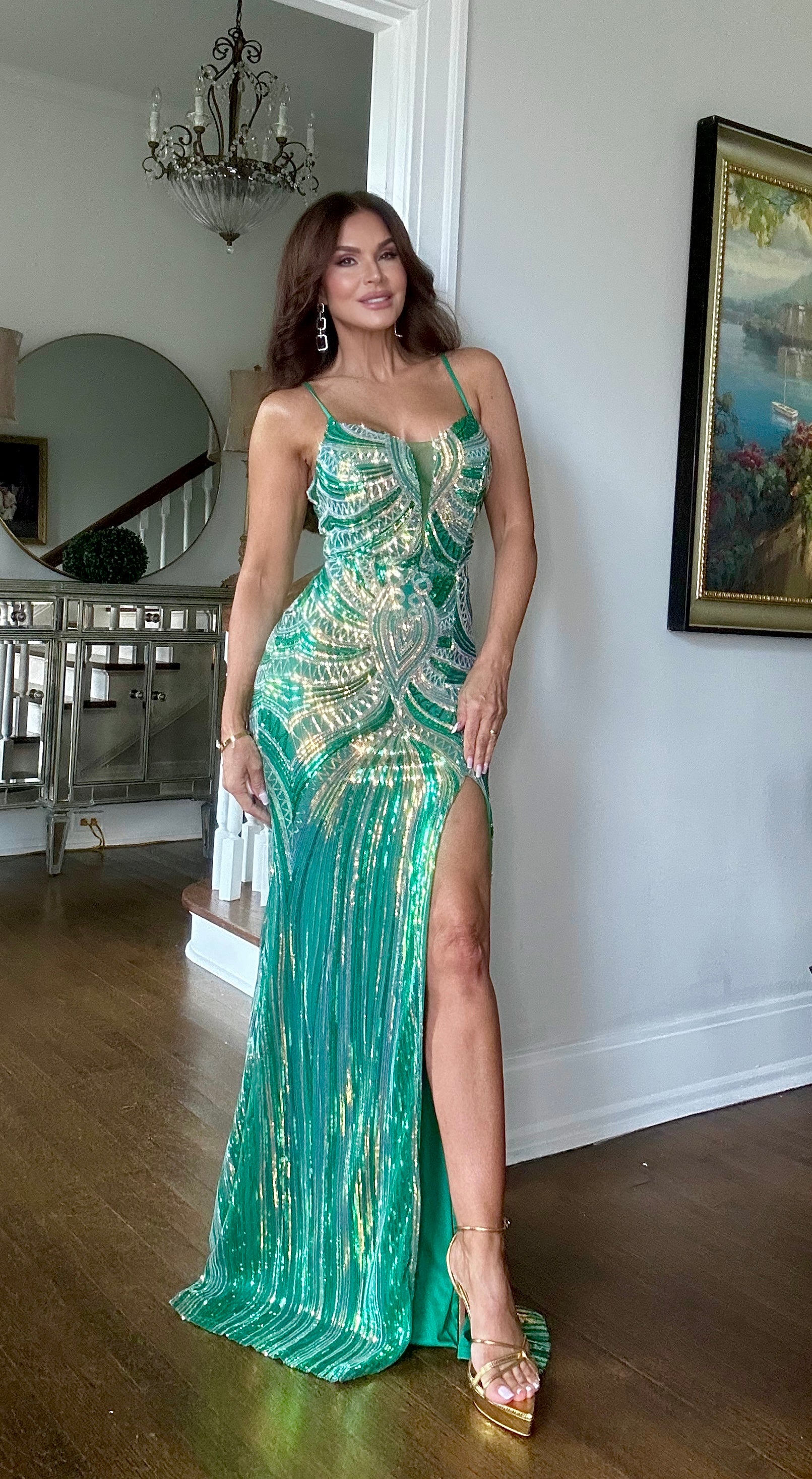 Lola Green Multi Colored Spaghetti Strapped Sequin Formal with Side Slit