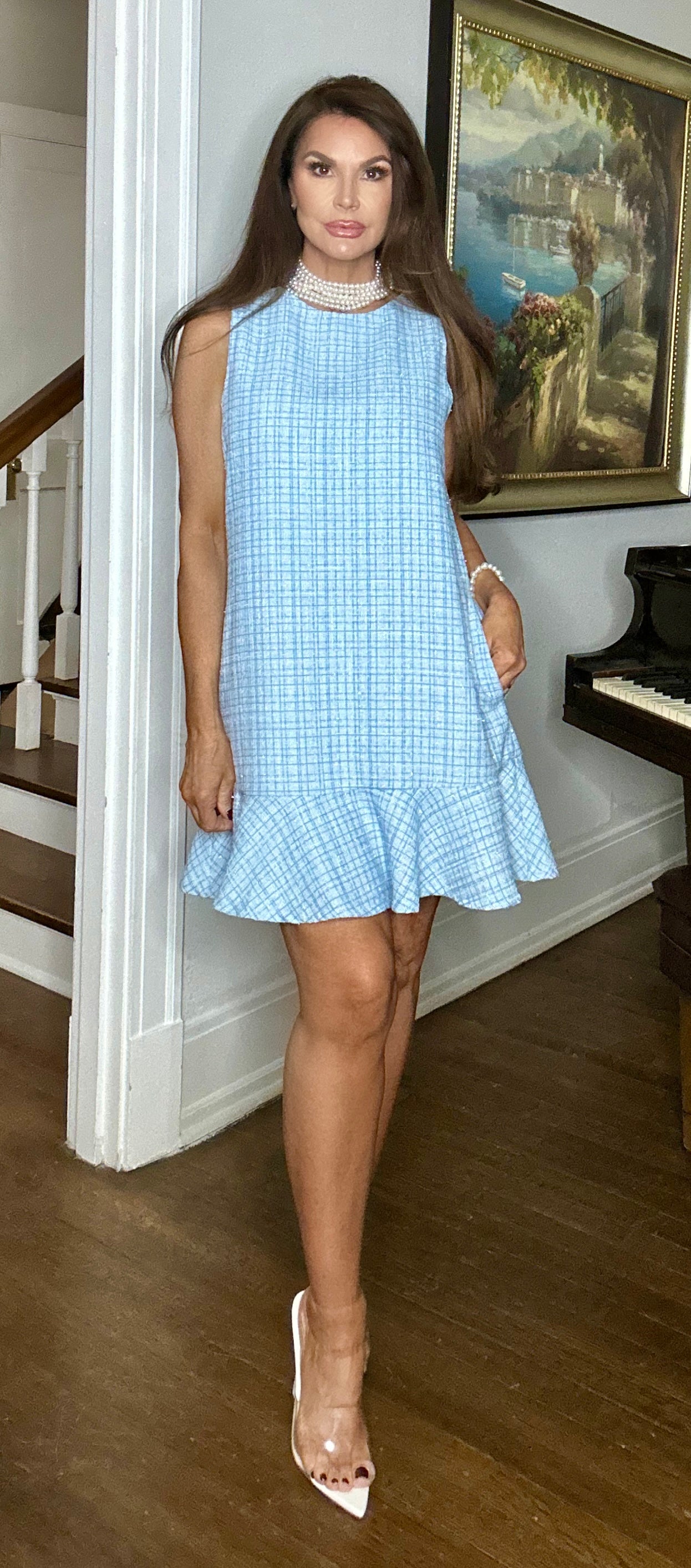 Alana blue tweed sleeveless shift dress