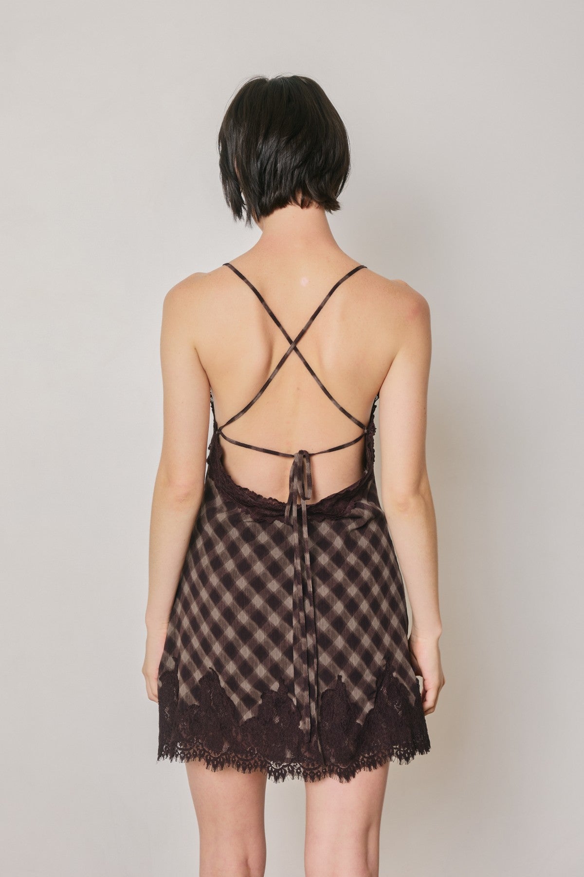 Mitchie Espresso Brown Checkered Lace Slip Dress