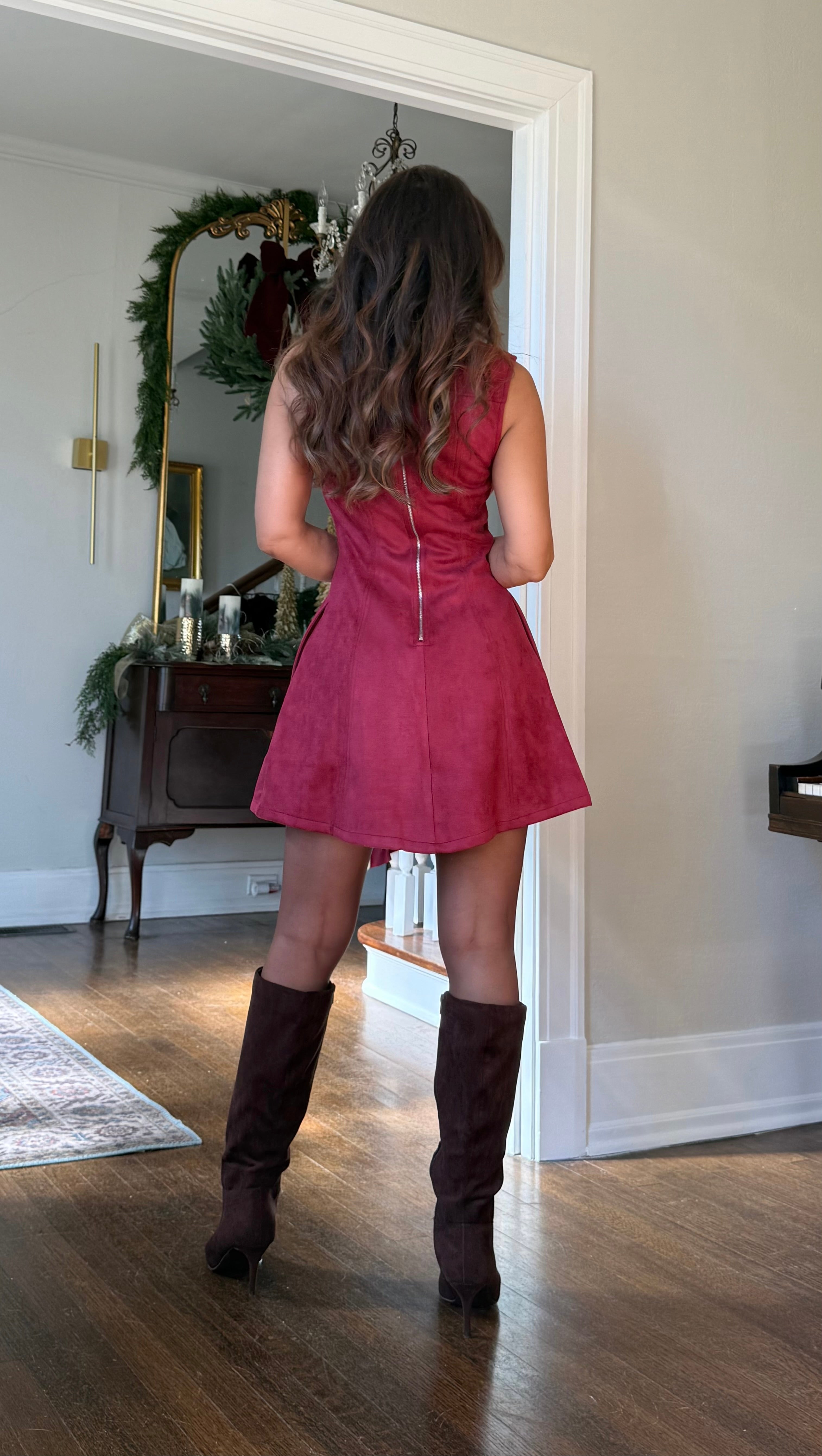 Emory Light Maroon Suede Round Neck Circle Mini Dress