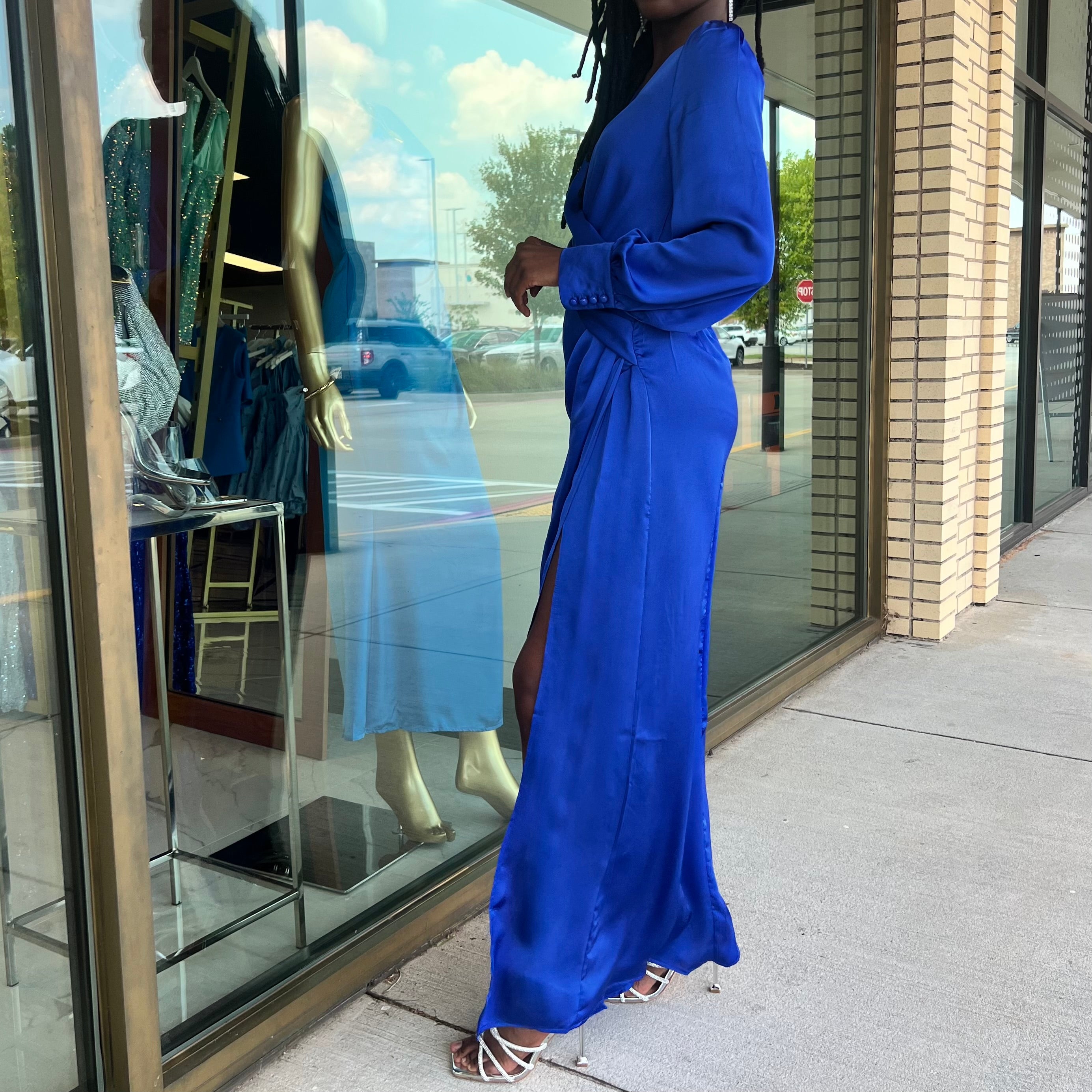 Stacy Royal Blue Long Sleeve Maxi Dress With Side Slit