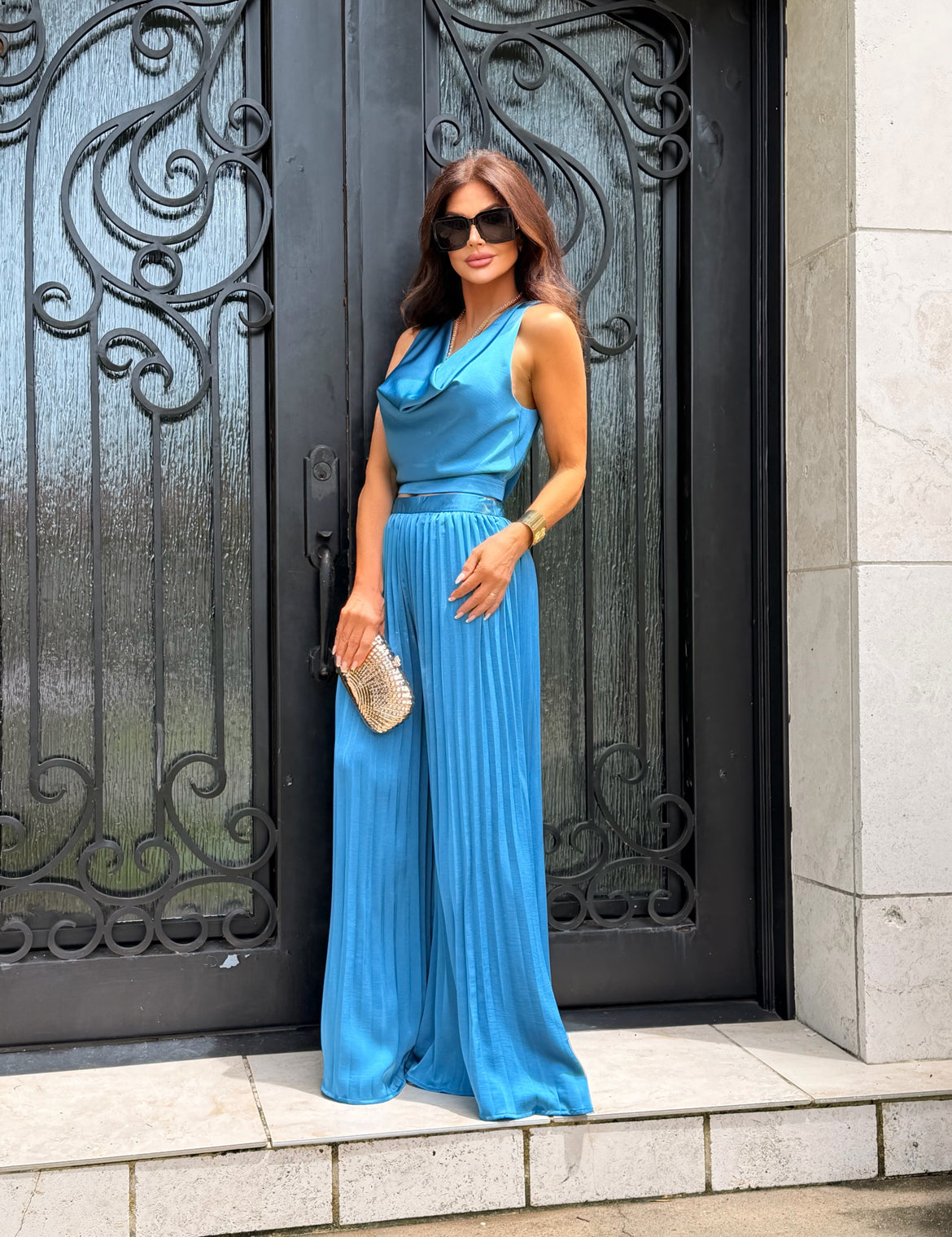 Molly Slate Blue Satin Drape Neck Crop Top