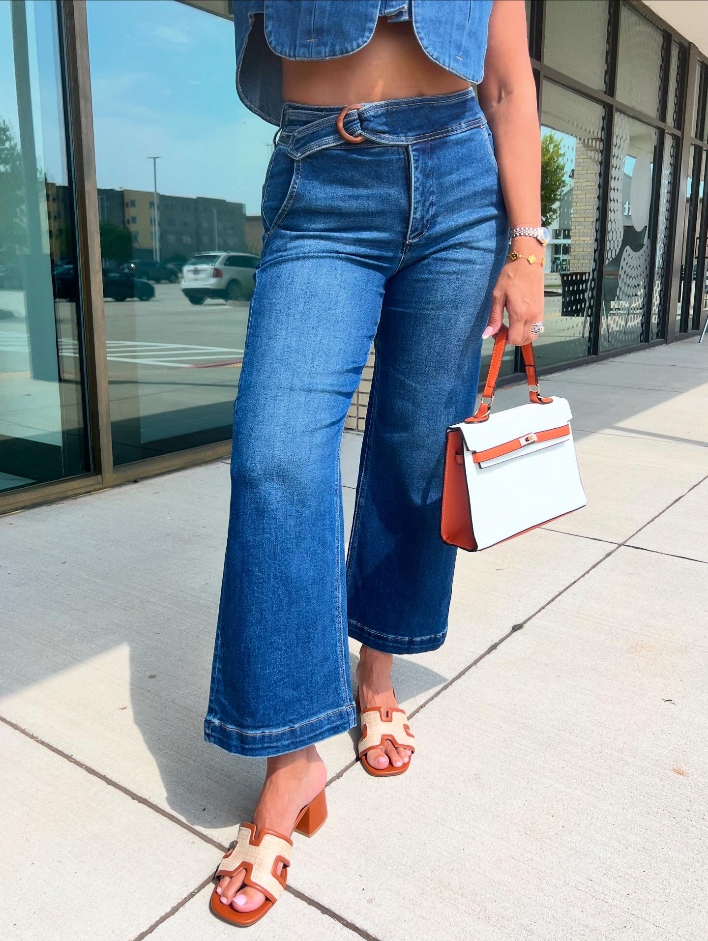 Valaria Dark Wash Wide Leg Crop Jean With Wood Hardware