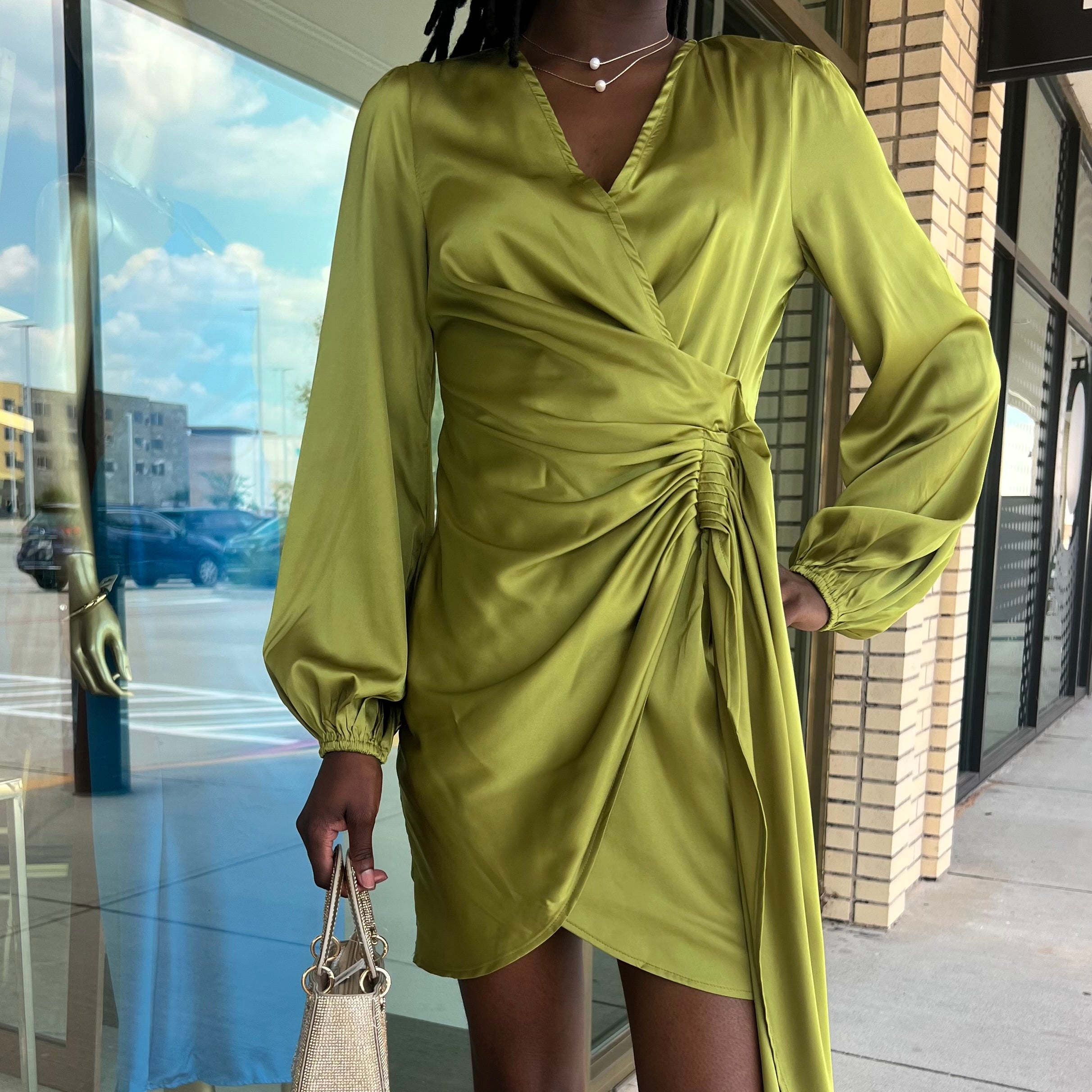 Milli Avocado Long Sleeve Side Sash Mini Dress