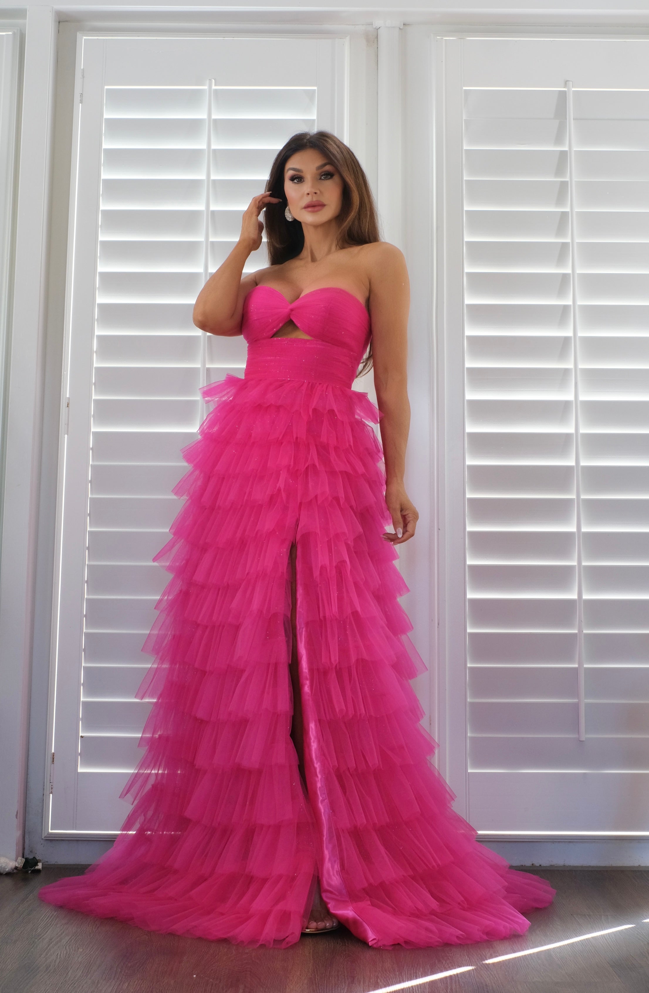 Adaline fucsia layered tulle tiered formal with slit