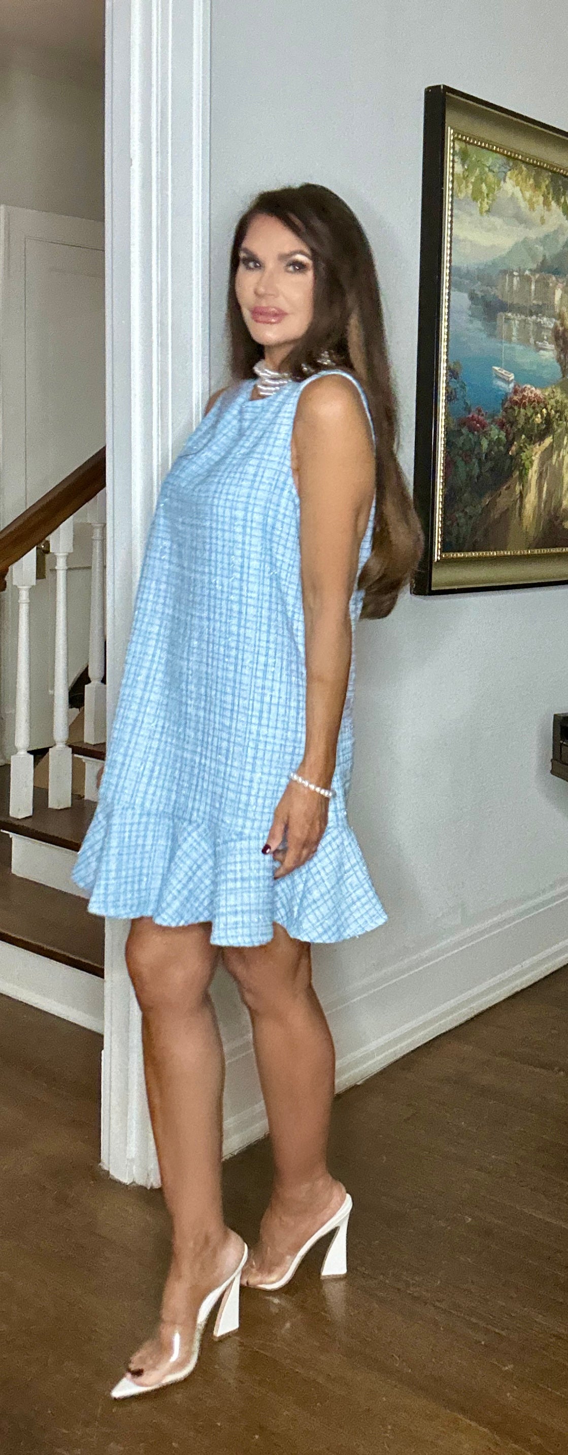 Alana blue tweed sleeveless shift dress