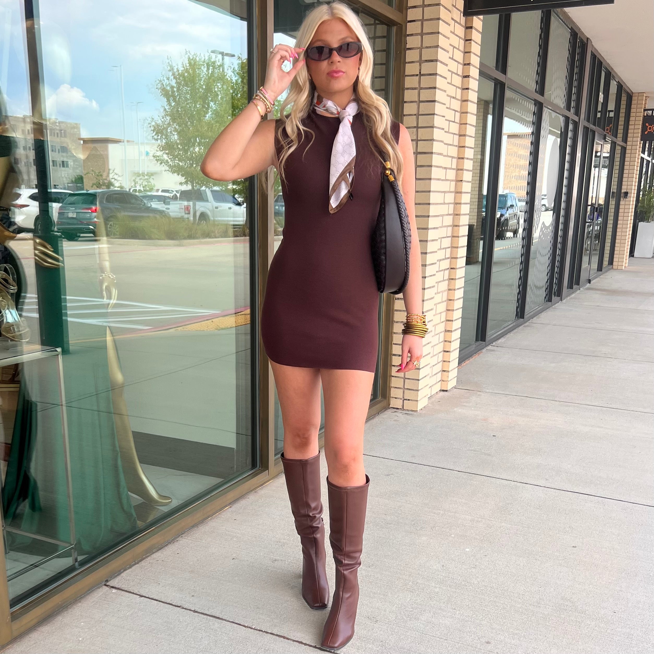 Bambi Chocolate Brown Cap Sleeve Sweater Mini  Dress