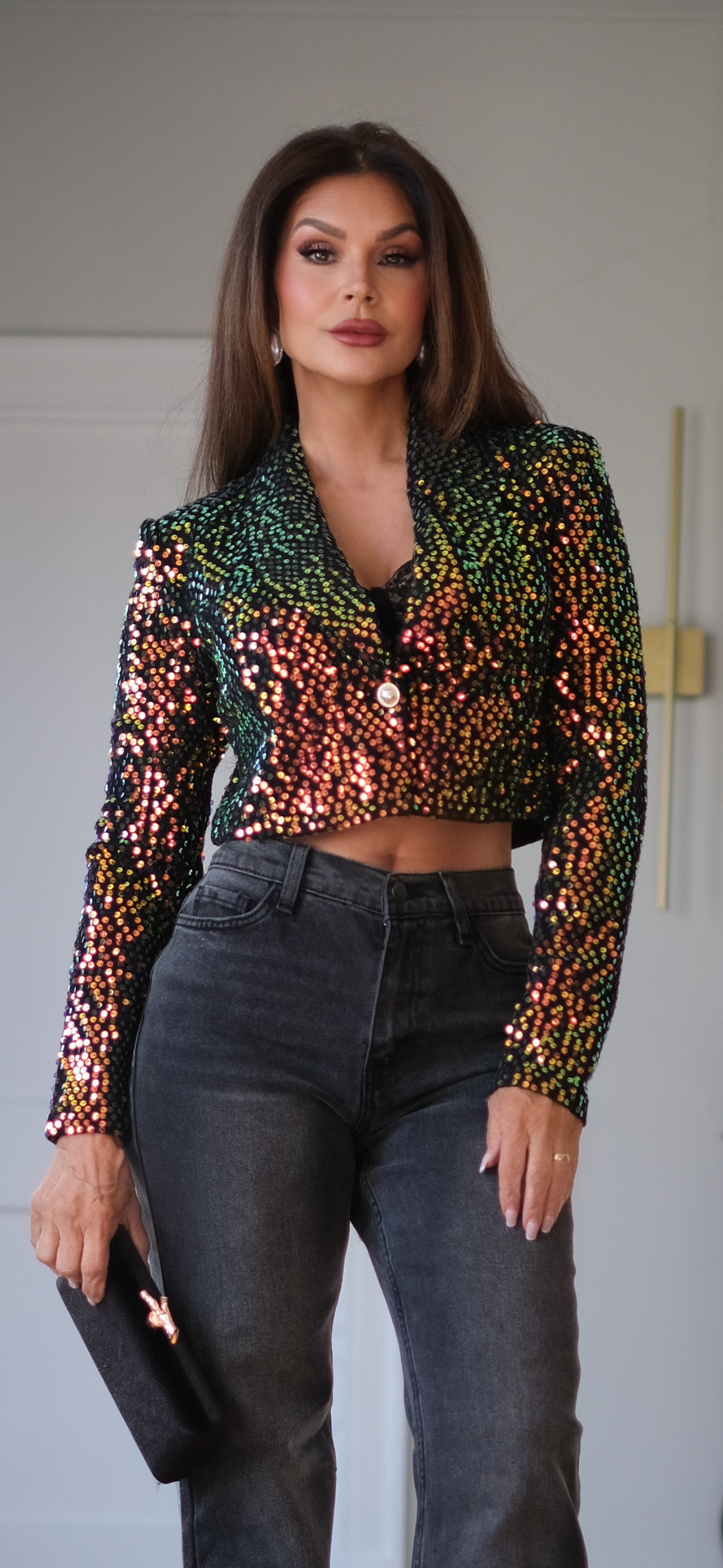 Trinity black sequin crop blazer with pearl button