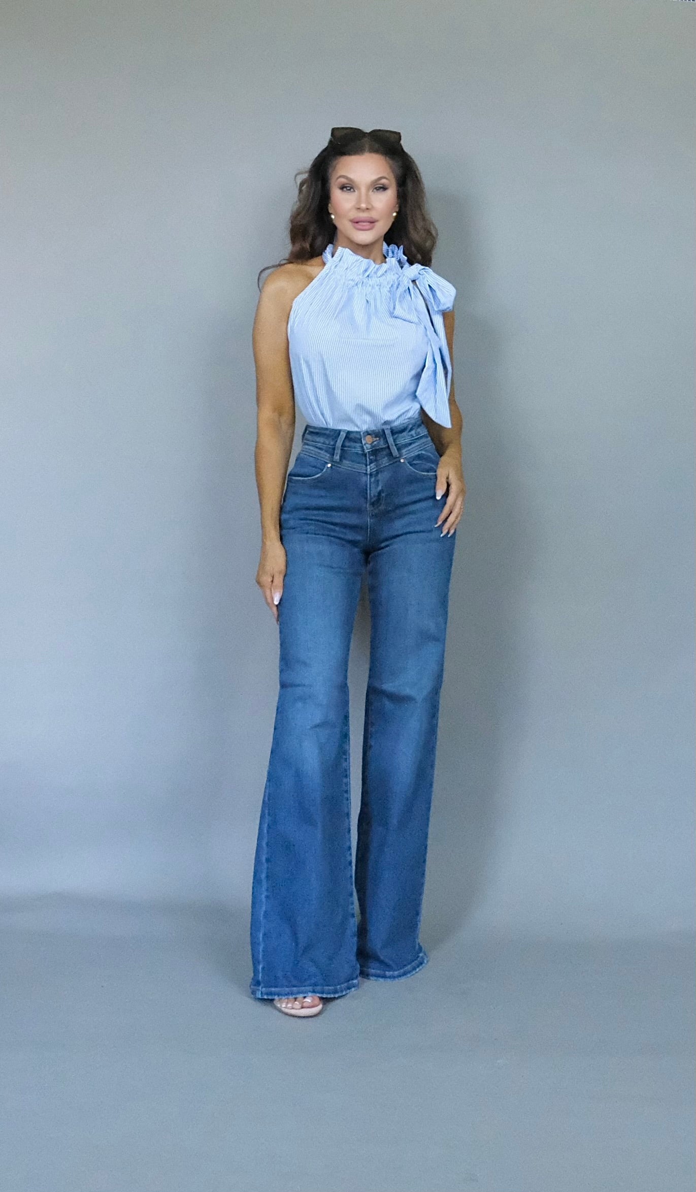 Venna medium wash ultra high rise wide yolk wide leg jean