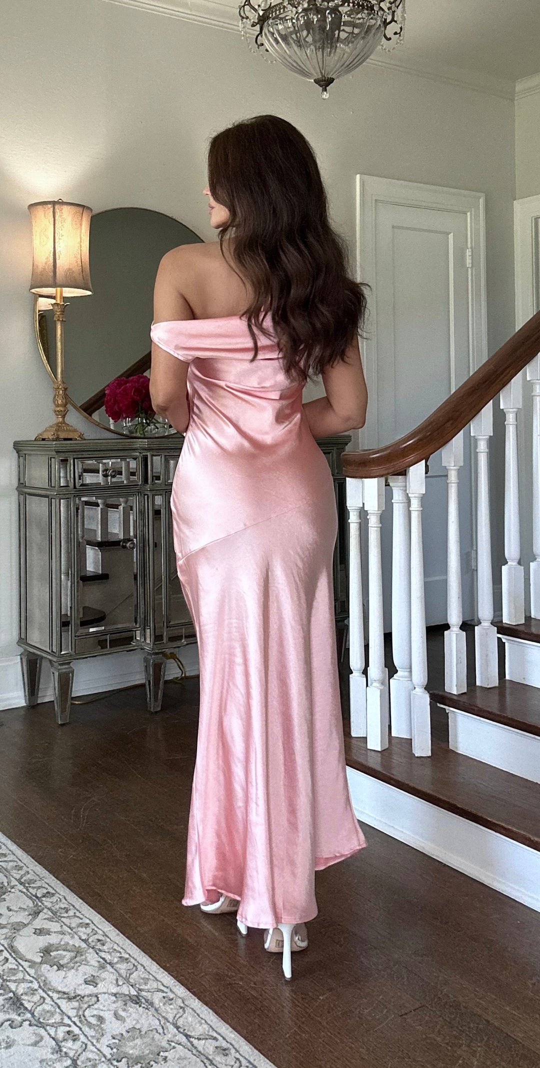 Shannon rose pink satin cowl neck maxi dress with slit