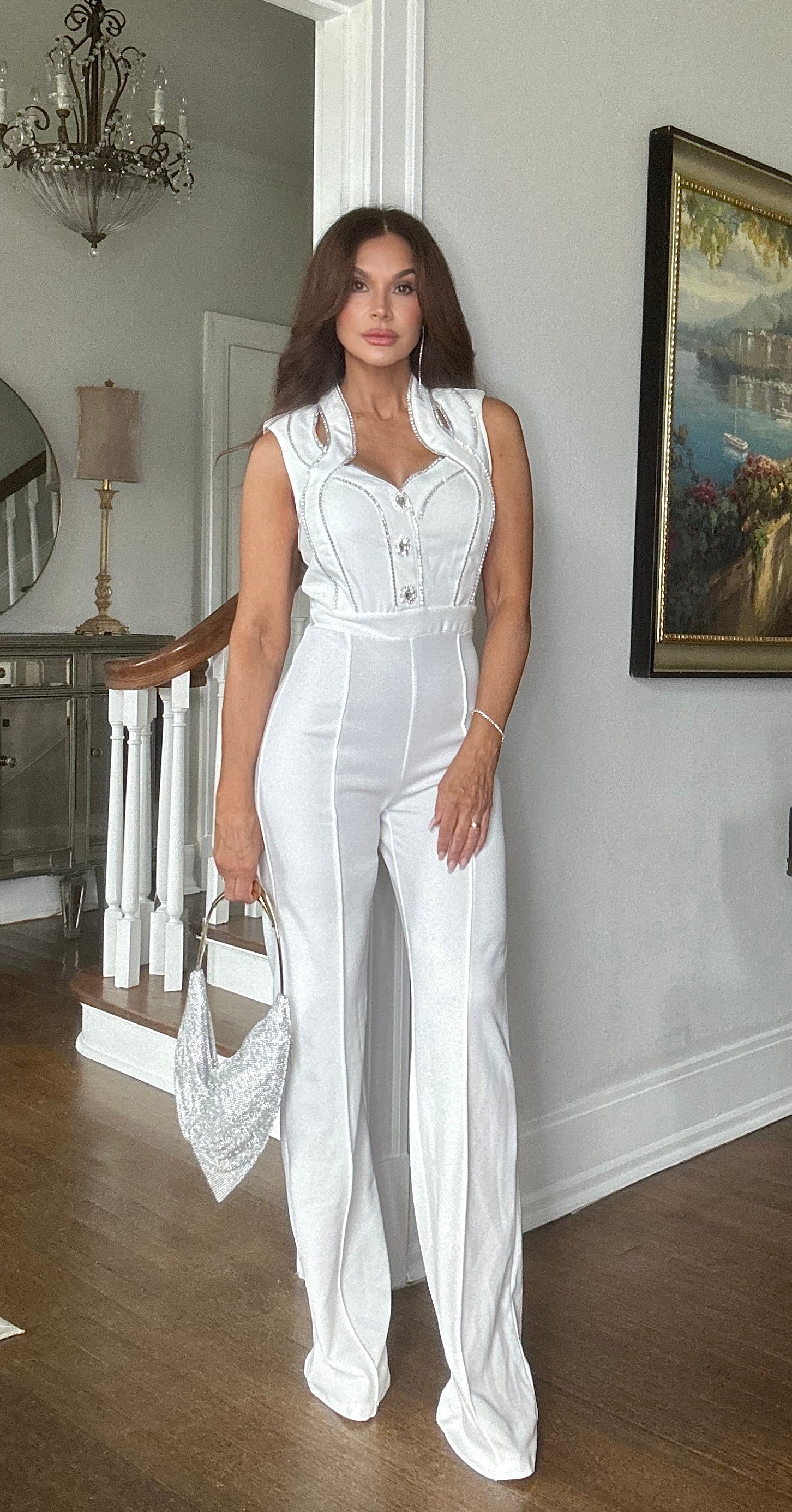 Juno white sleeveless jeweled button jumpsuit