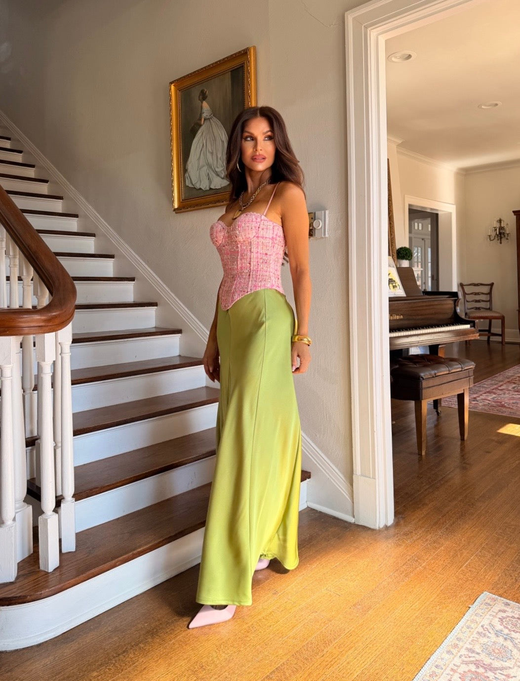 Quinn Light Olive Flared Mermaid Satin Midi Skirt