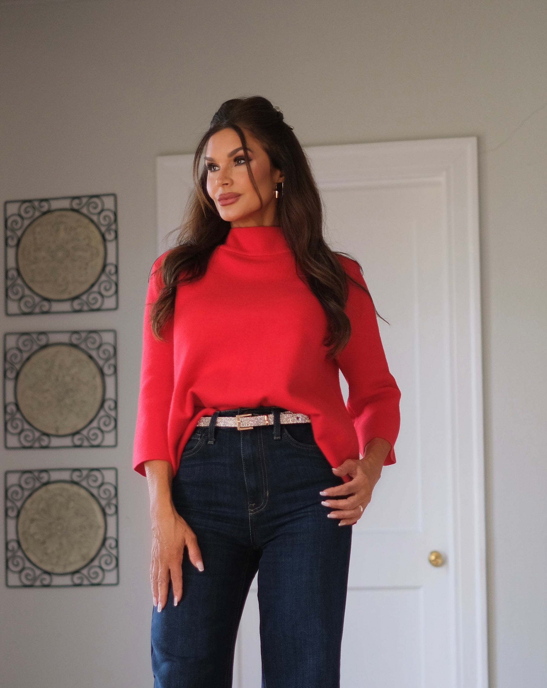 Freyna red mock neck pul over sweater with bell sleeve