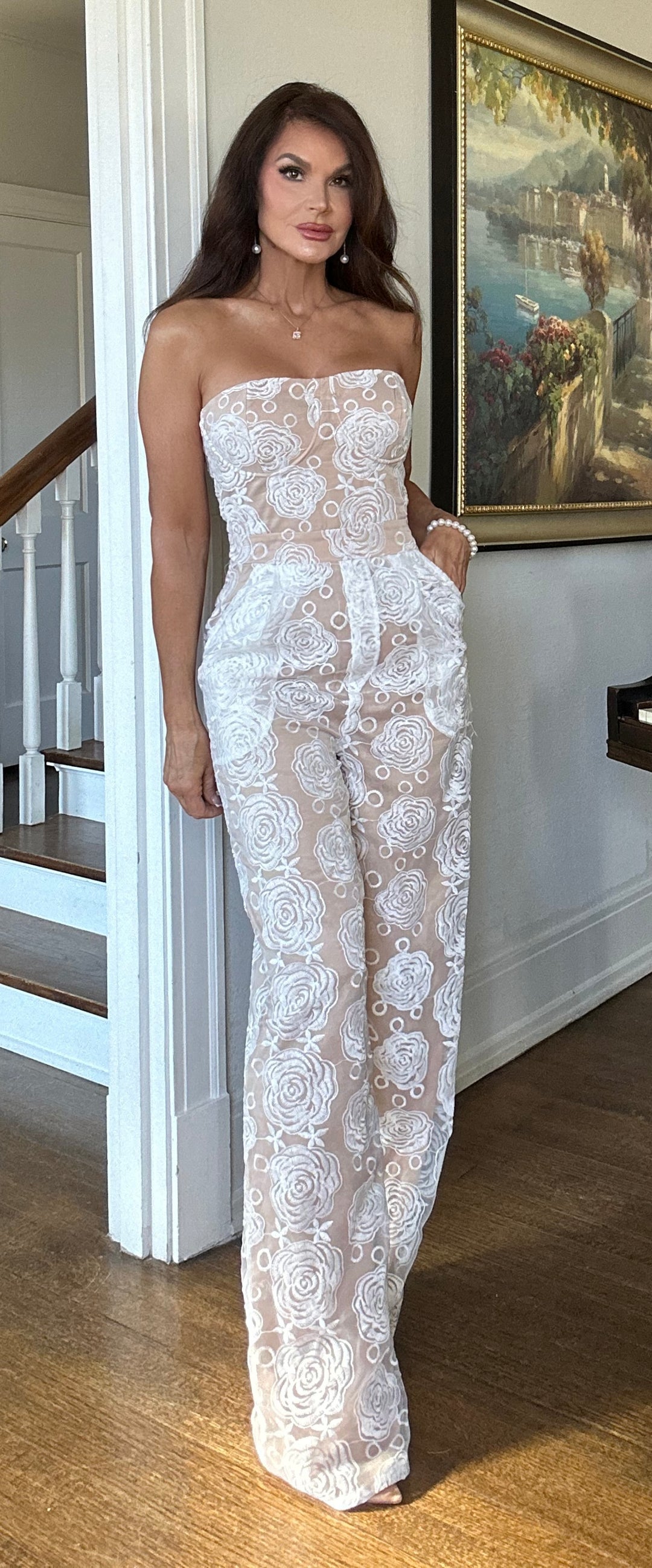Camille white and nude embroidery and lace tube jumpsuit