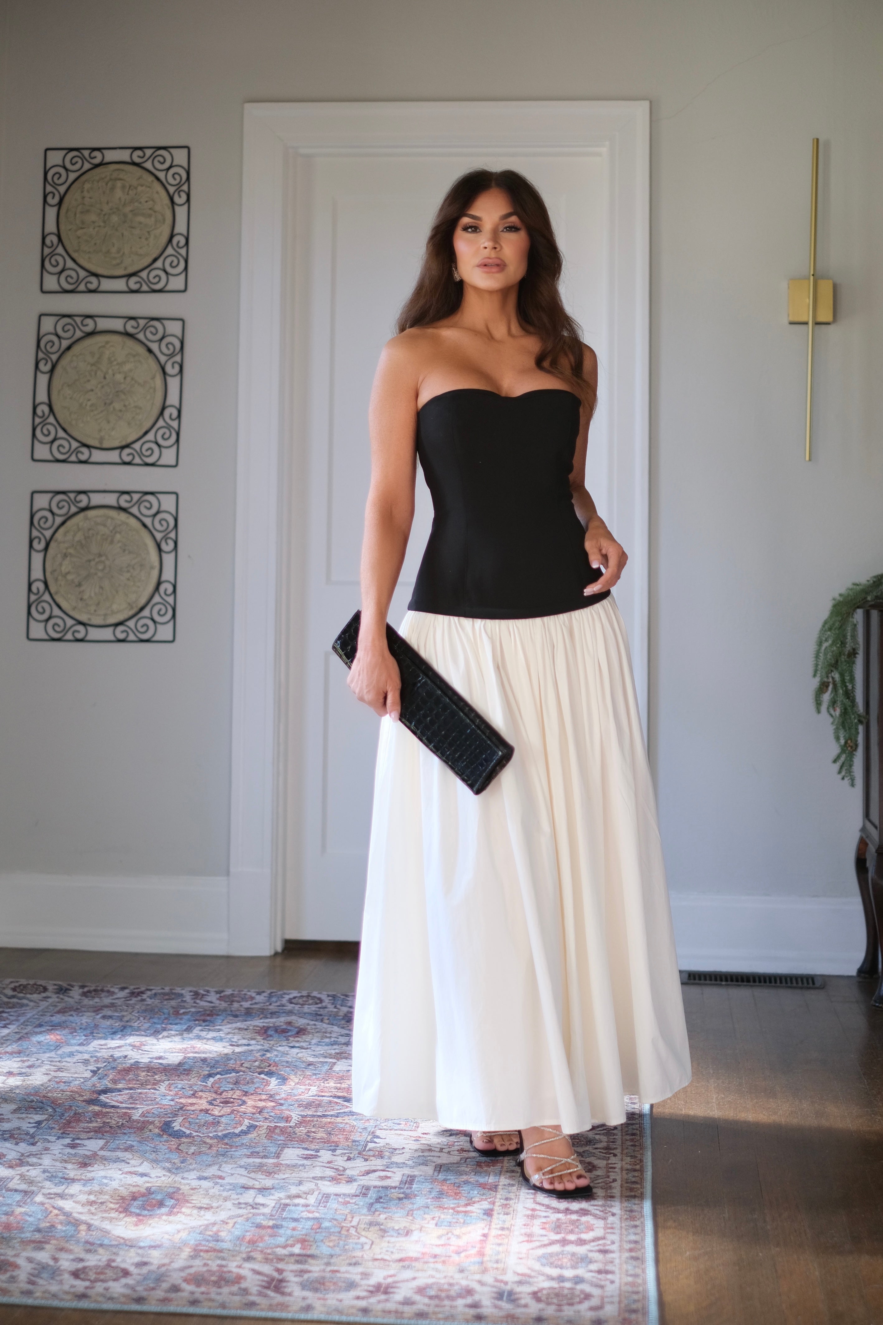 Mia Black and Off White Color Block Corset Strapless Maxi Dress