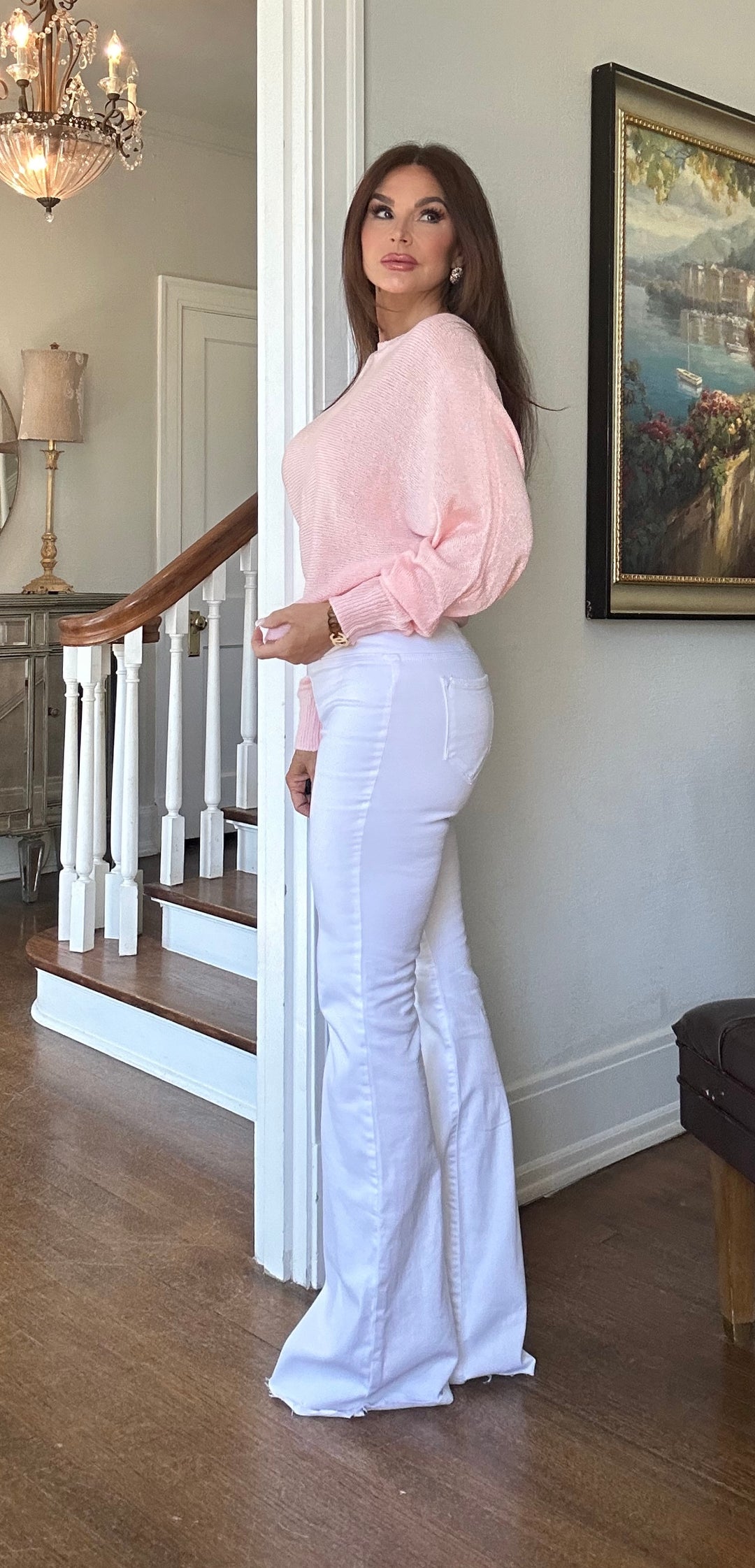 Monroe white slip on wide waistband flare jean