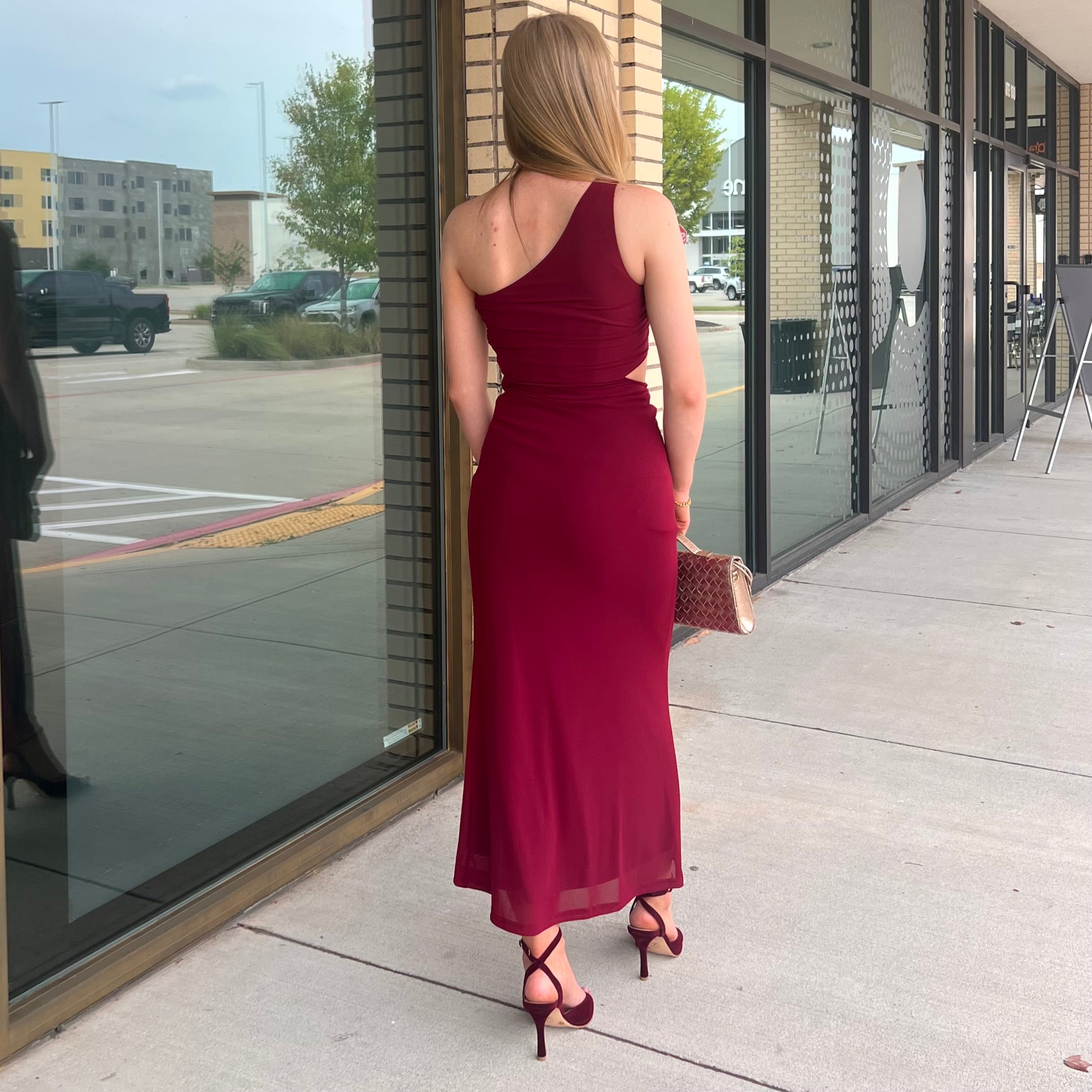 Tina Cherry Wine One Shoulder Side Cutout Midi Dress