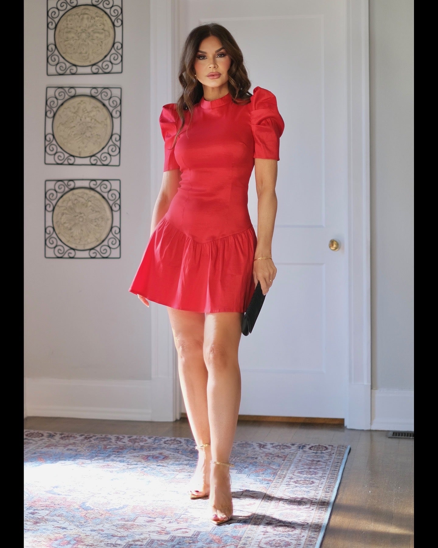 Reana Red Mock Neck Puff Sleeve mini dress