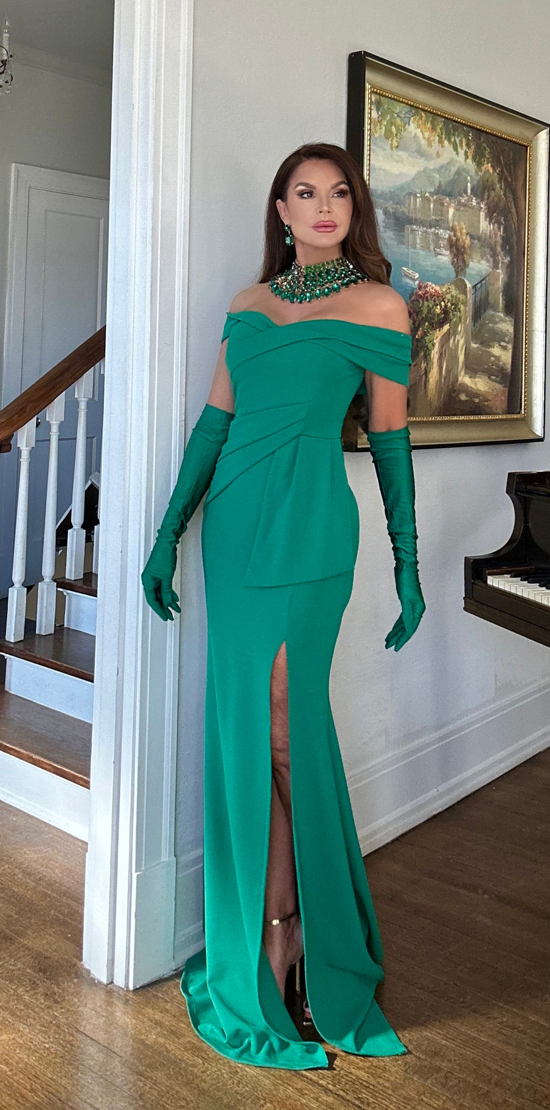 Fiona kelly green off shoulder maxi with slit