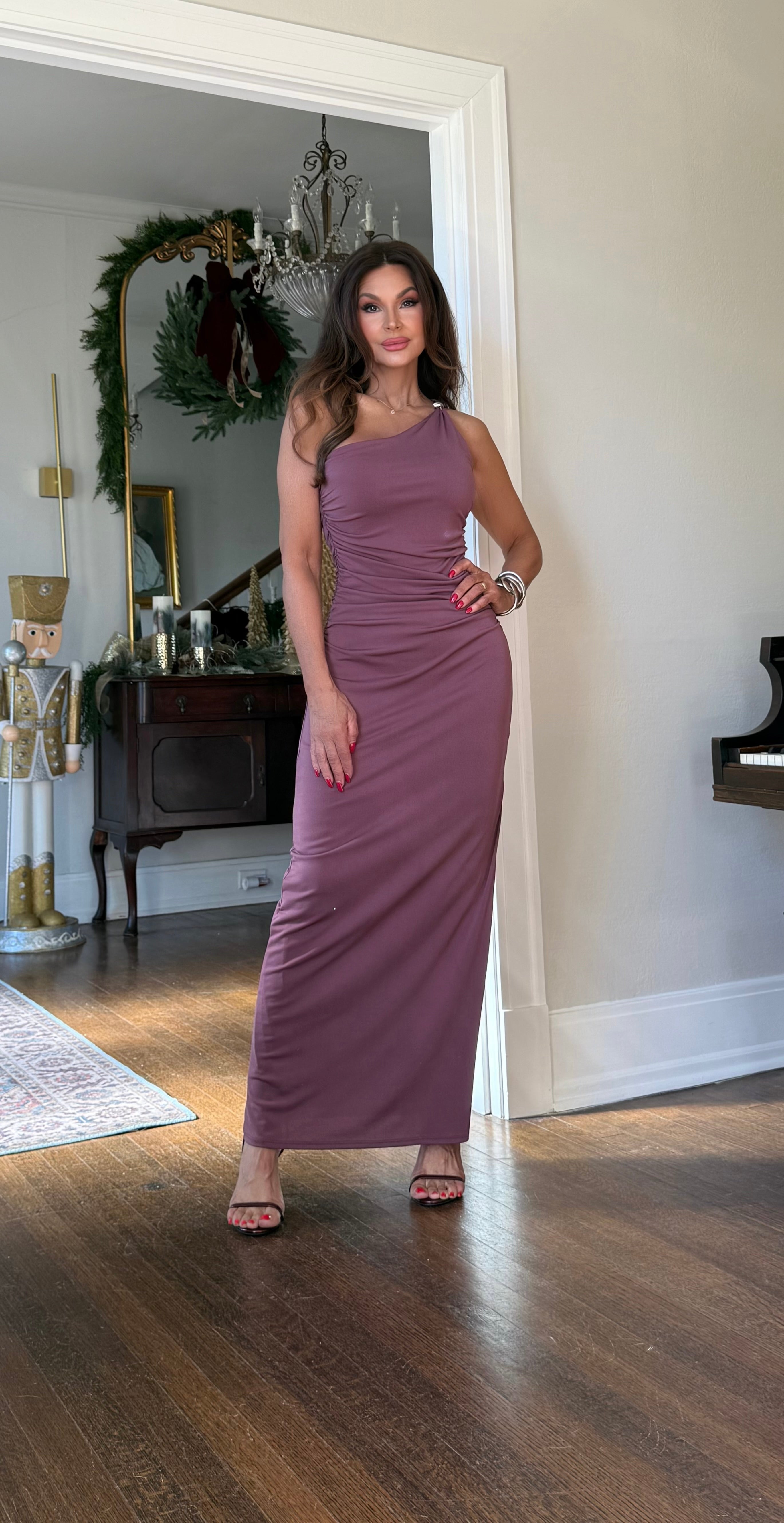 Youree dark mauve one shoulder metal buckle midi dress