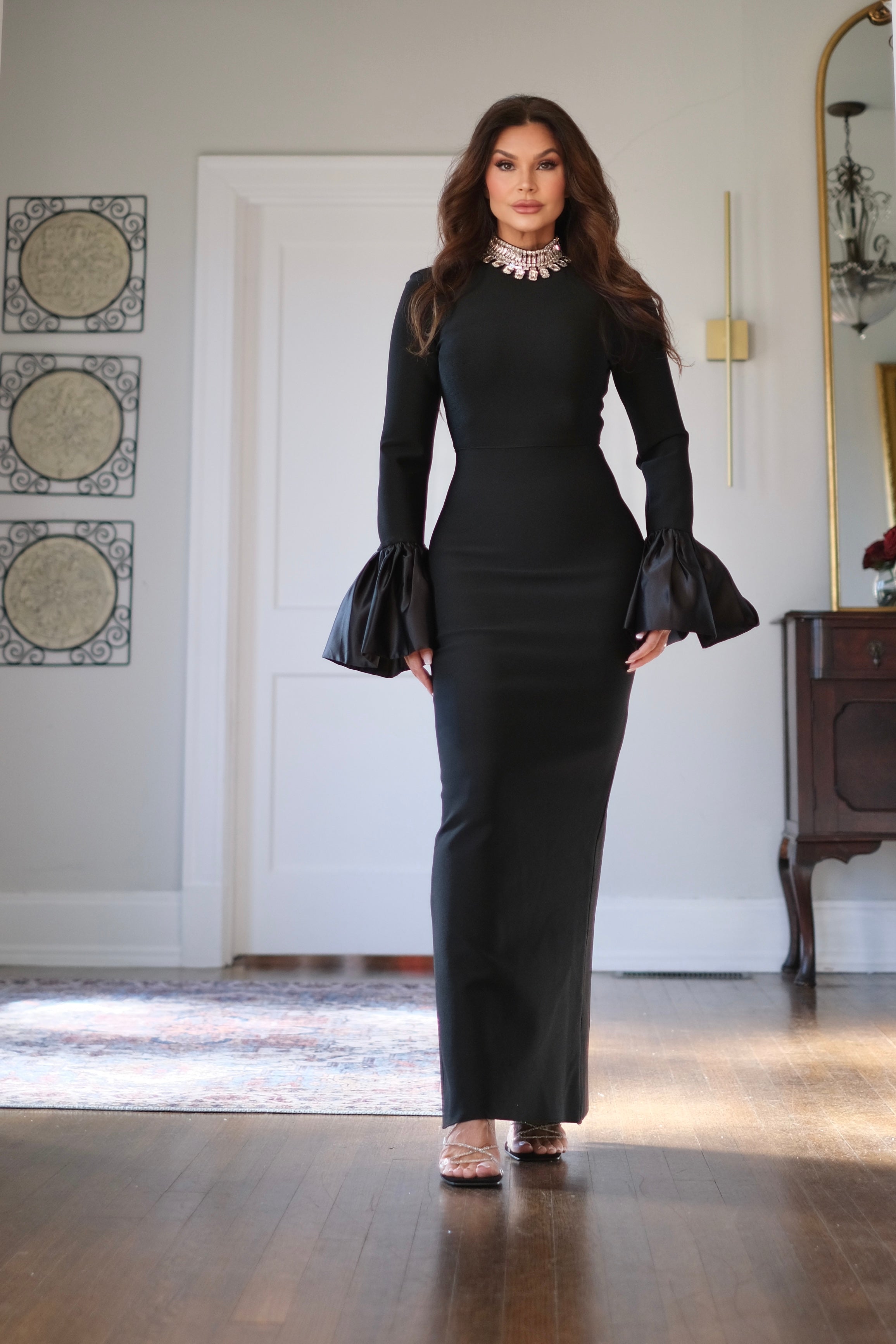 Loni black bandage midi dress with satin sleeve ruffles and crystal detail