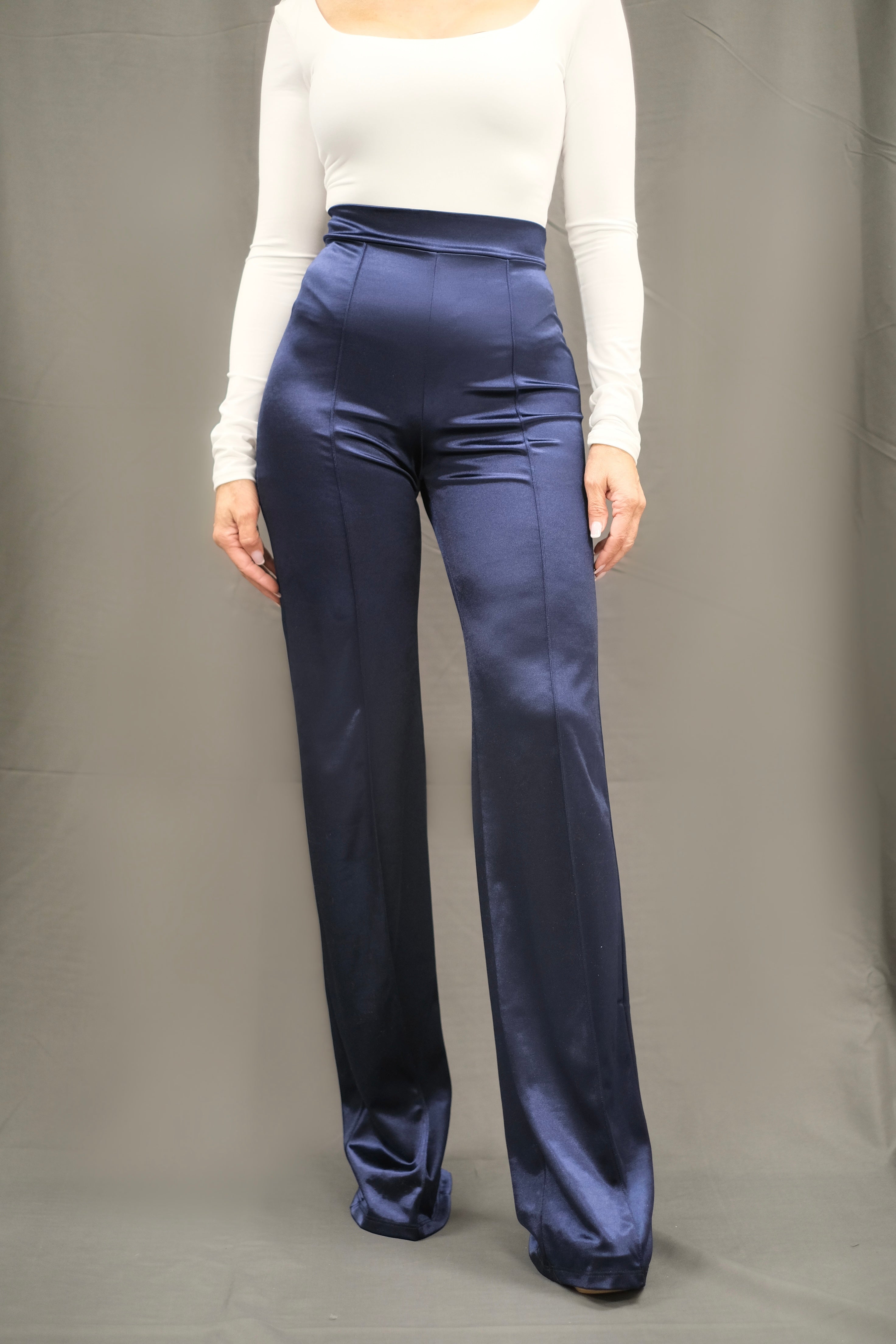 Calista navy satin flare pant