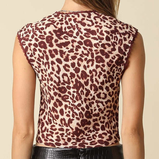 Olive green leopard print sleeveless crop top by Olivaceous, featuring a fitted design and fashionable style.
