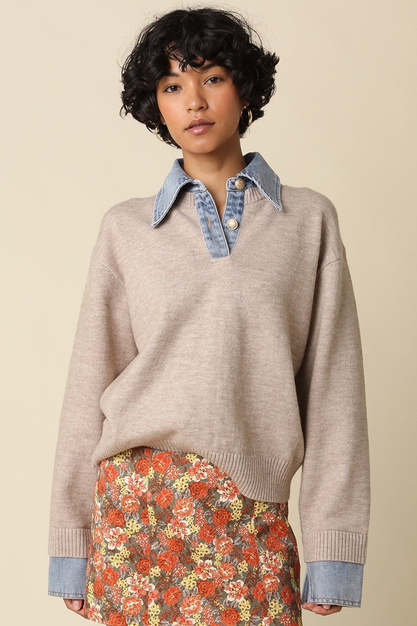 Everly Denim Contrast Knit Sweater Top