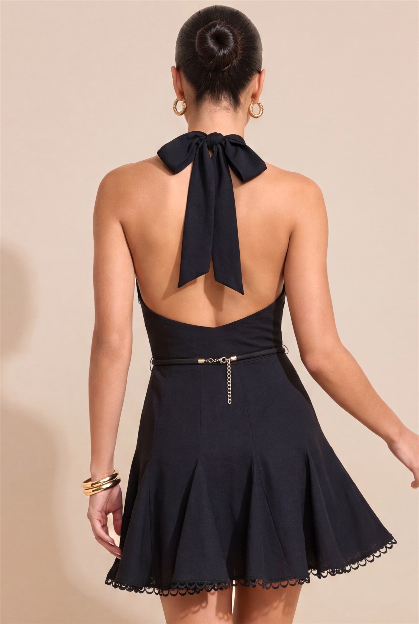 Sofia Black Halter Neck Flare Dress With Belt