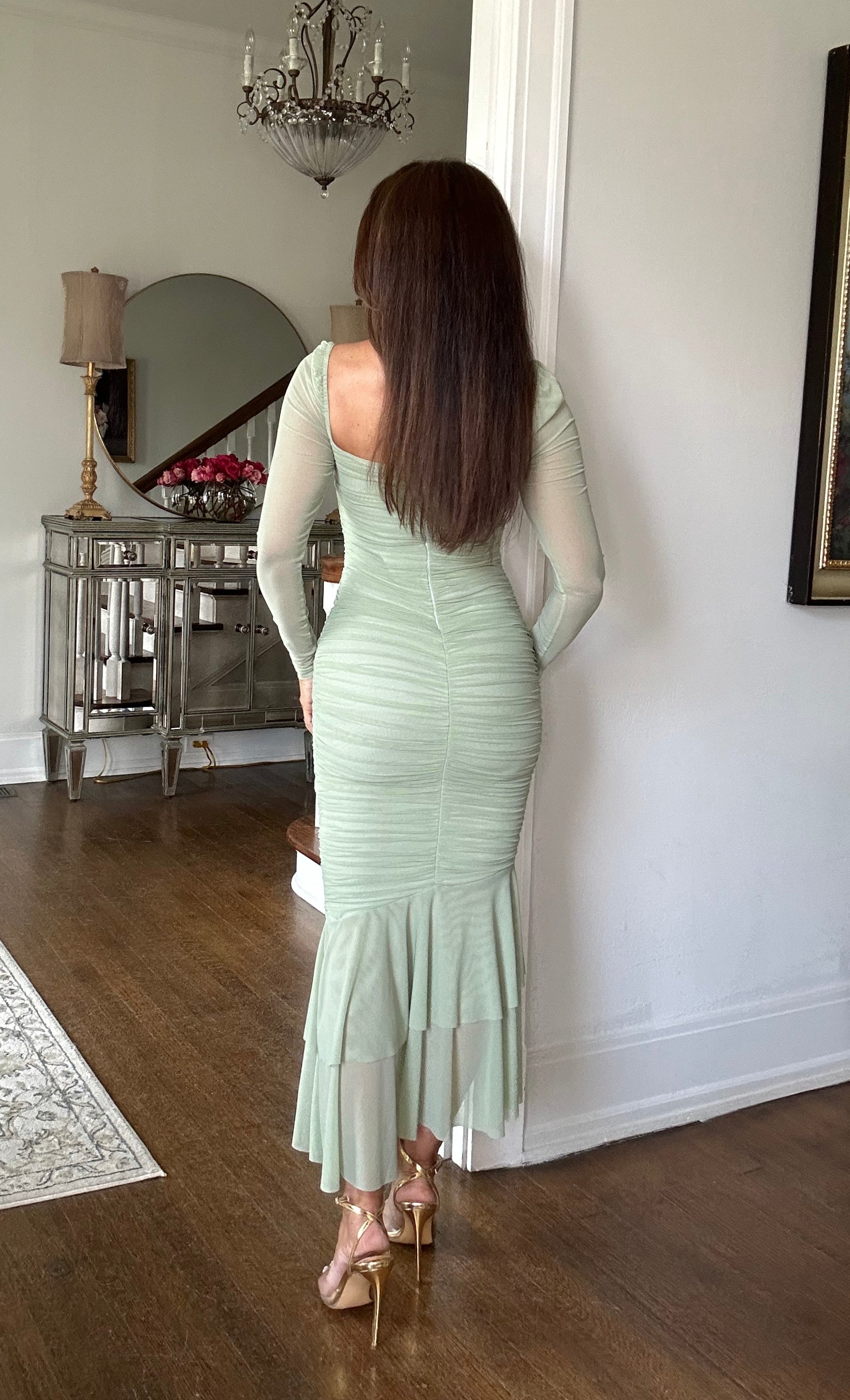 Ayla mint mesh rushed mermaid midi dress