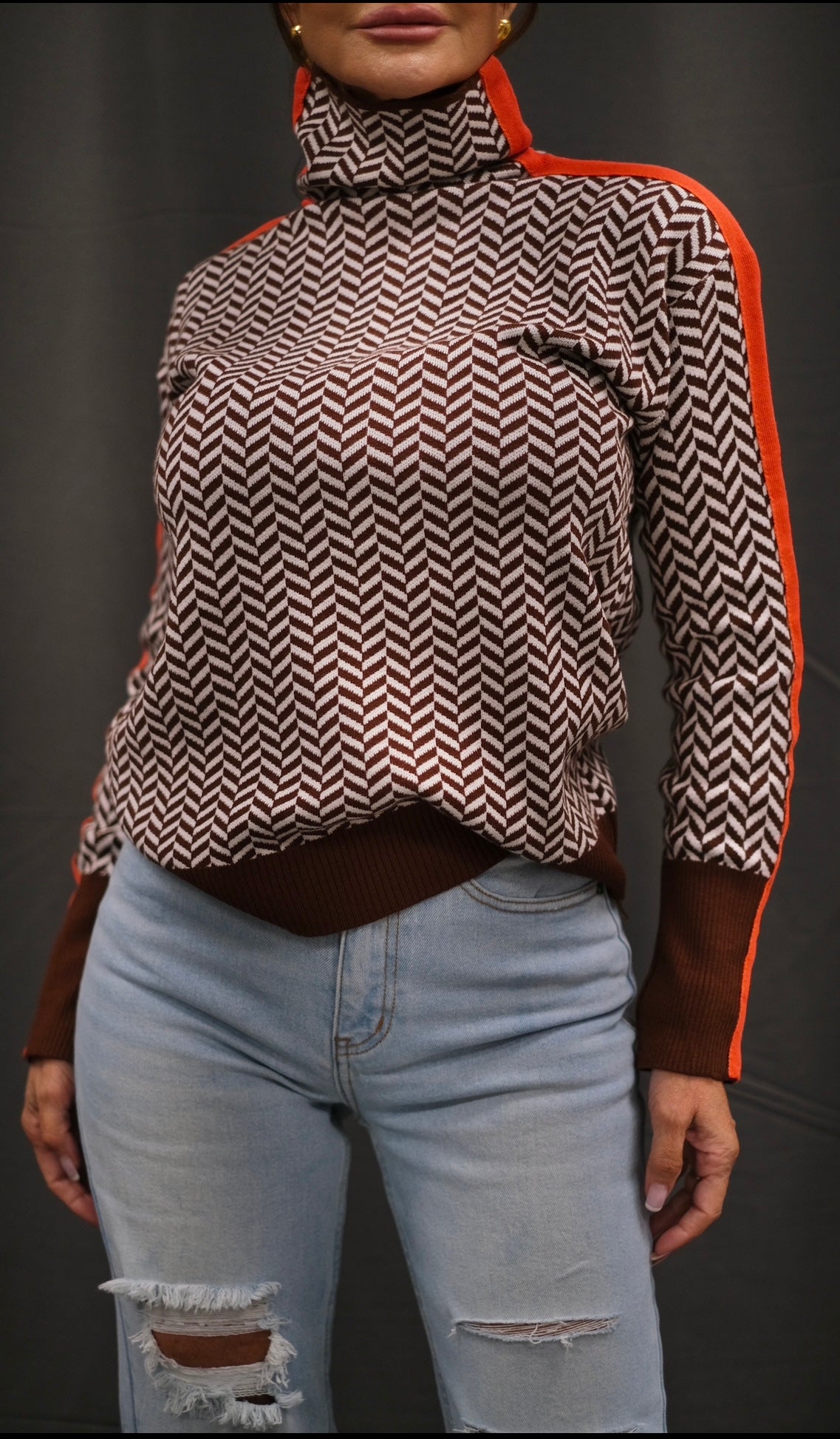 Chevvy Brown Chevron Knit Sweater with Orange Stripe