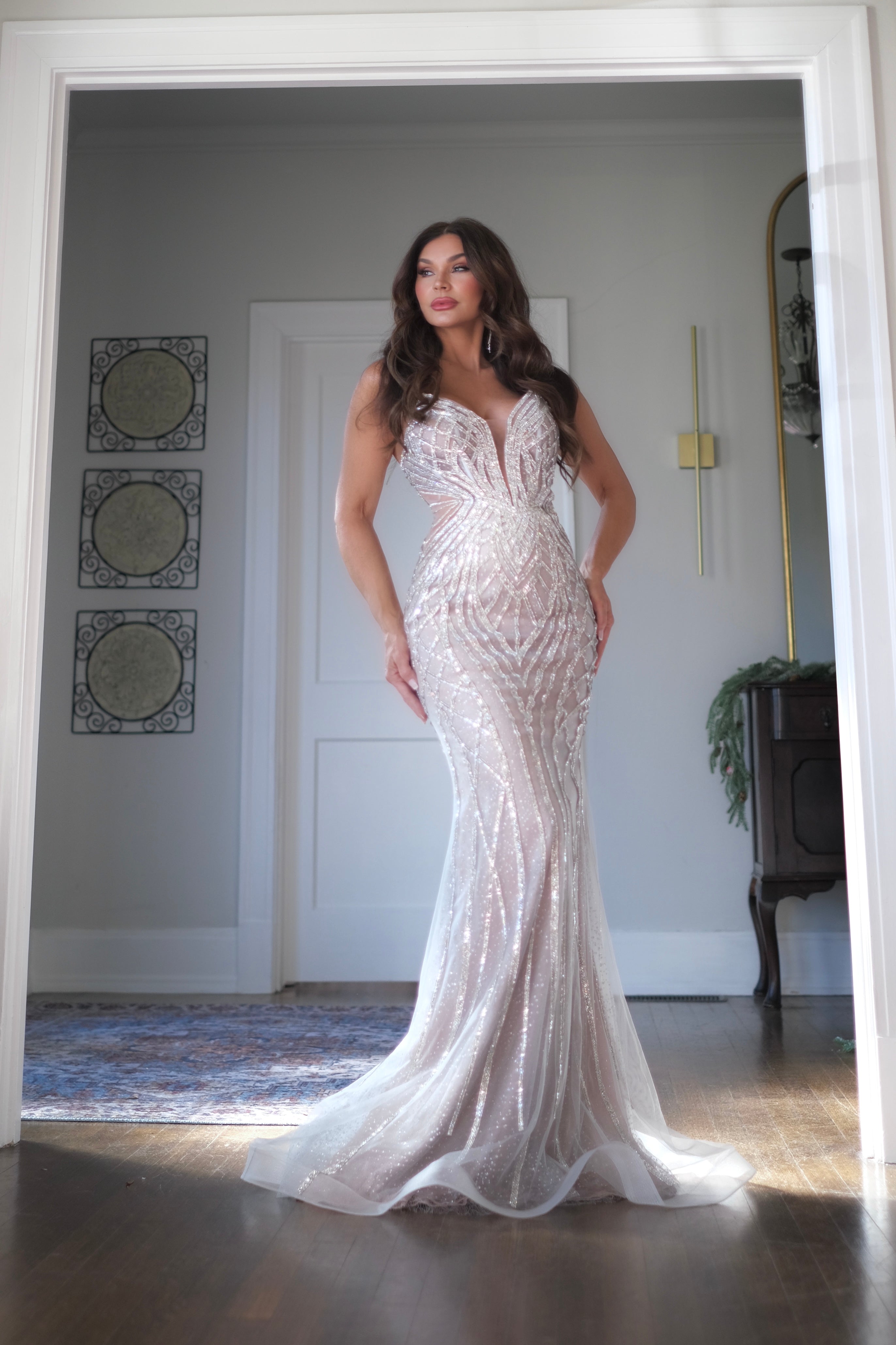 Belle silver and nude strapless embelished mermaid gown