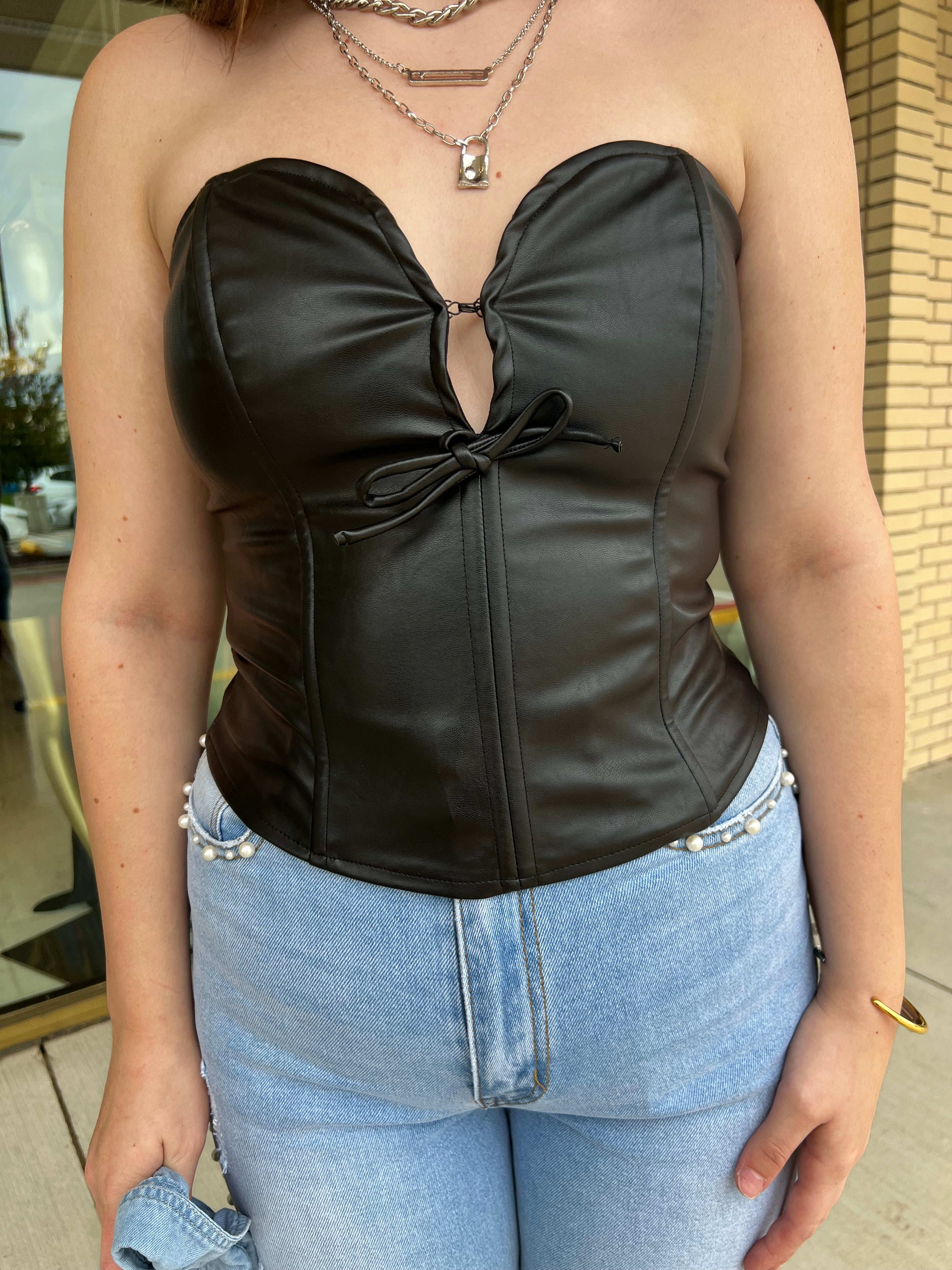 Betty Black Faux Leather Strapless Corset Top with Bow Detail