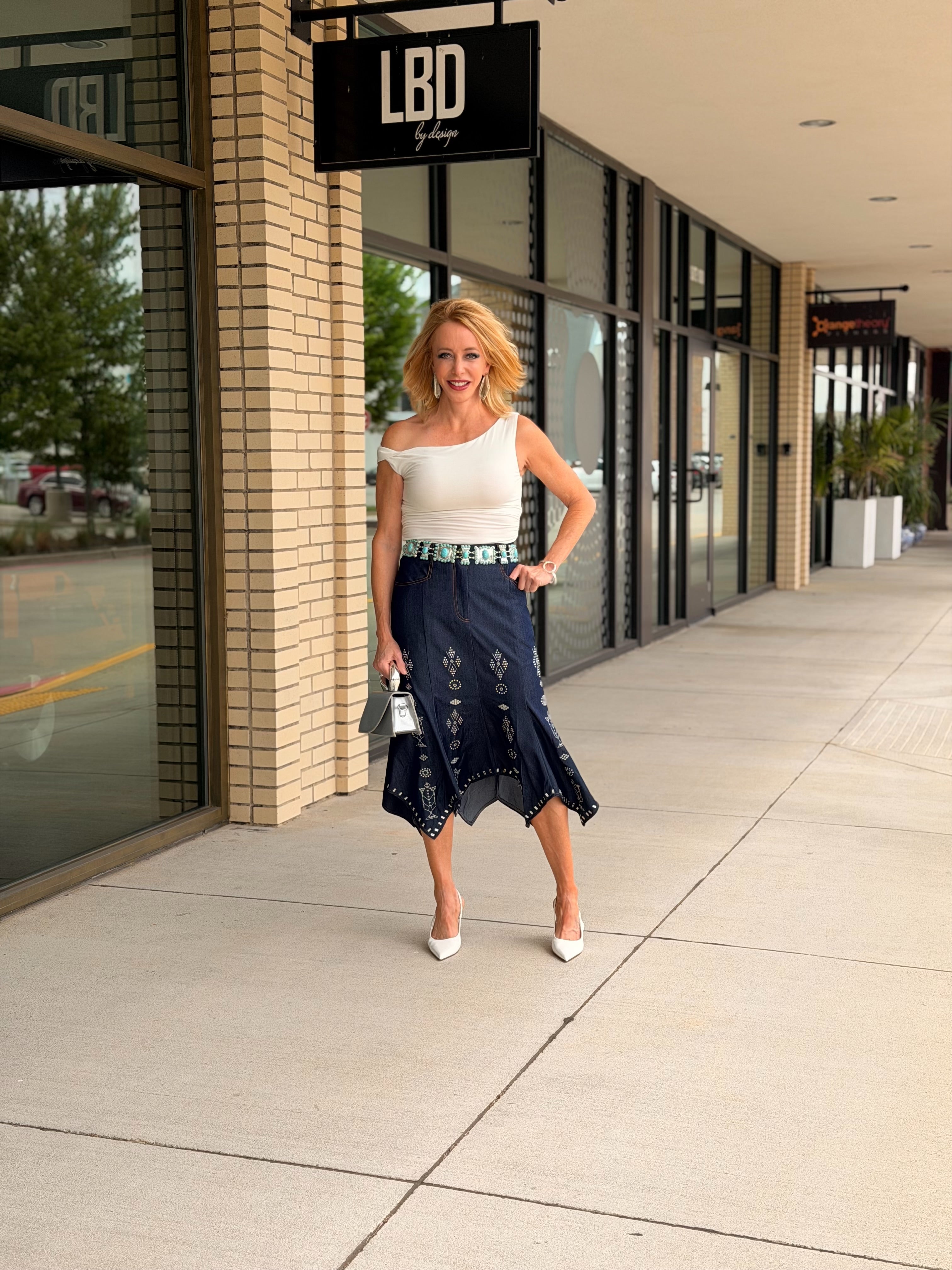 Mary Indigo Studded Asymmetrical Hem Denim Skirt
