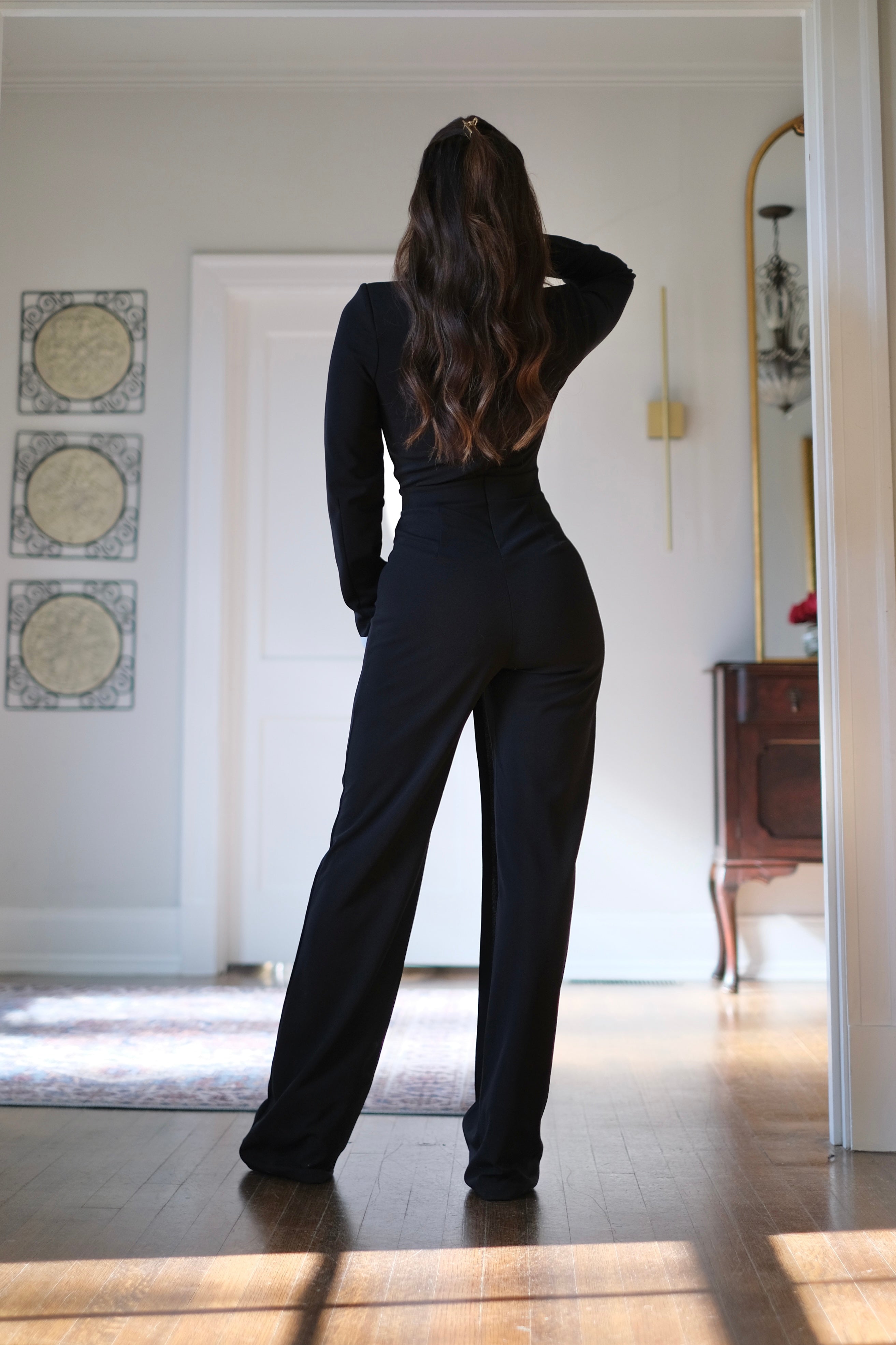 Nadia black double flap jumpsuit with white contrast