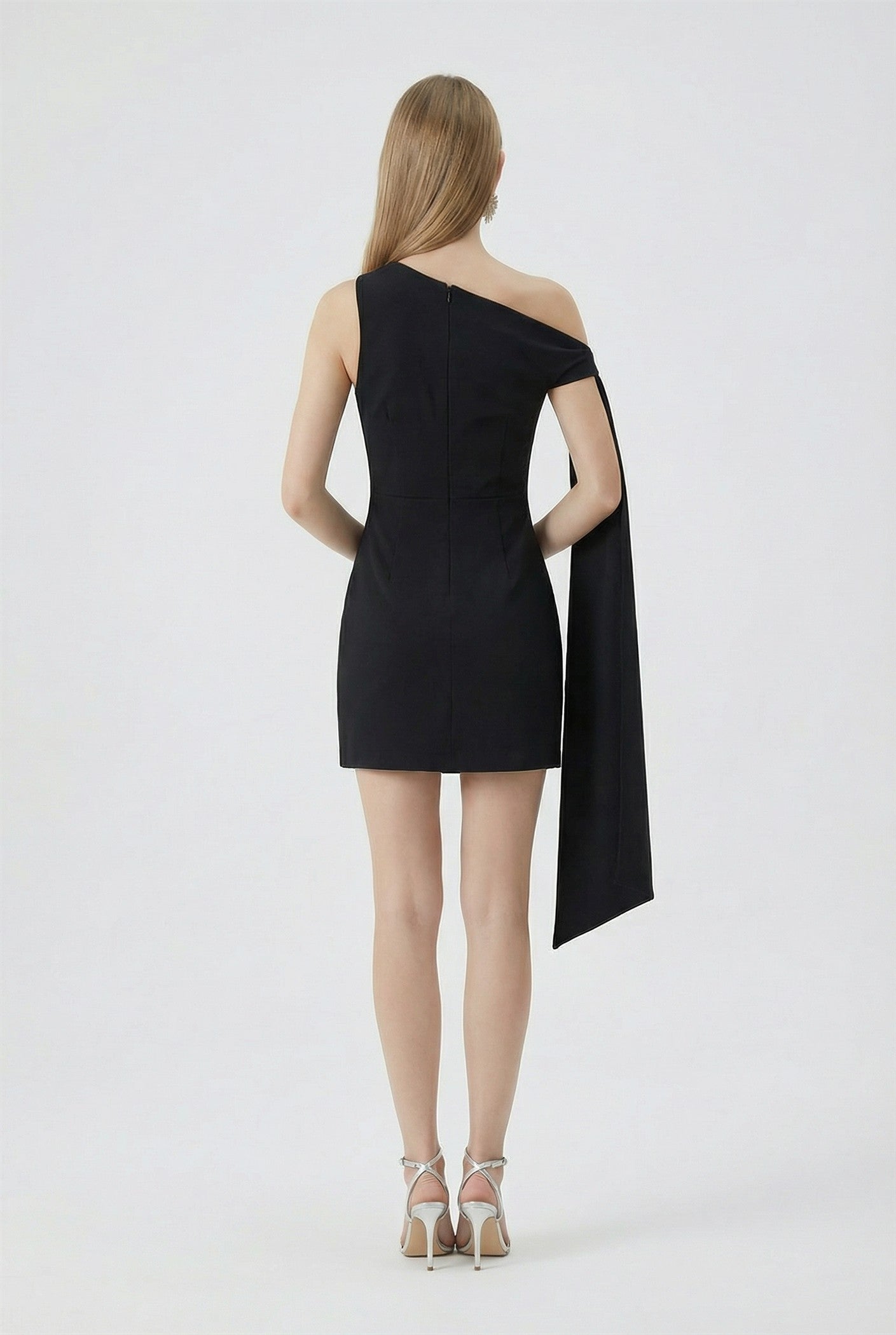 Vance black one shoulder mini dress with draping sash