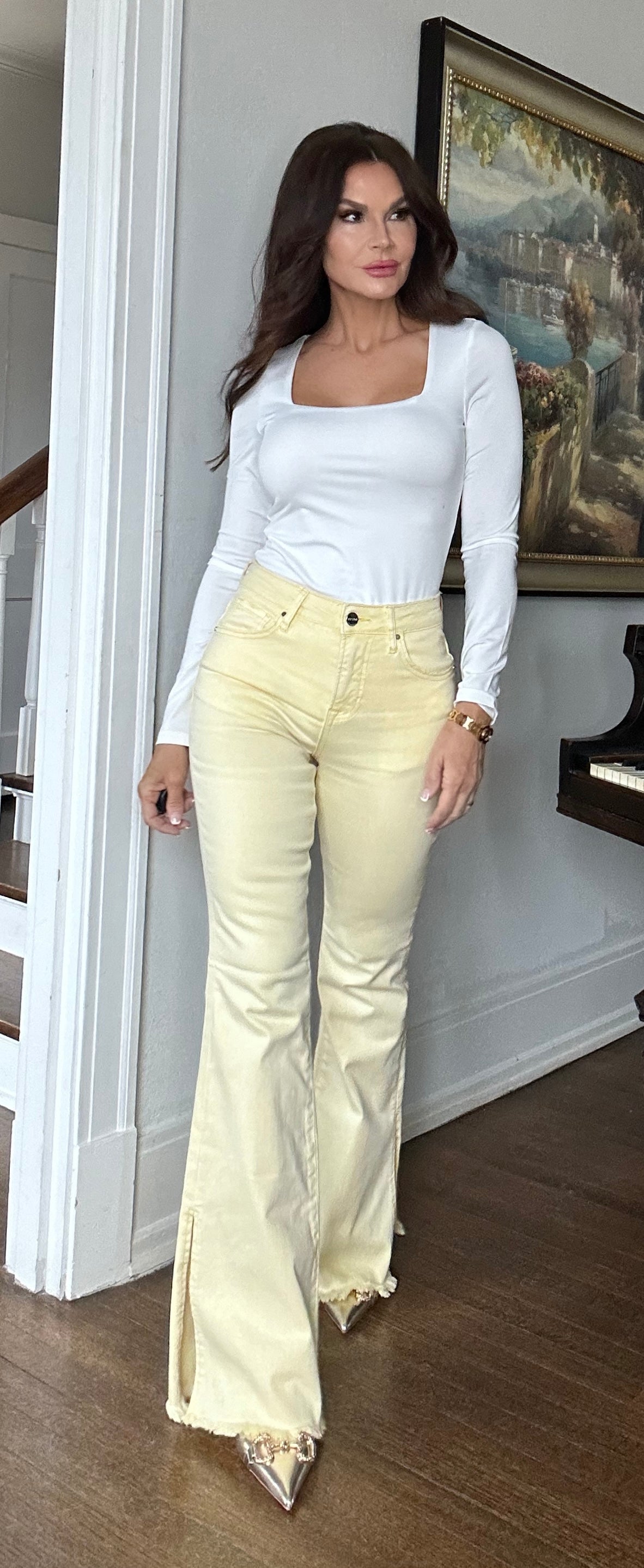 Macy Pale Yellow high rise flare jeans with side slit