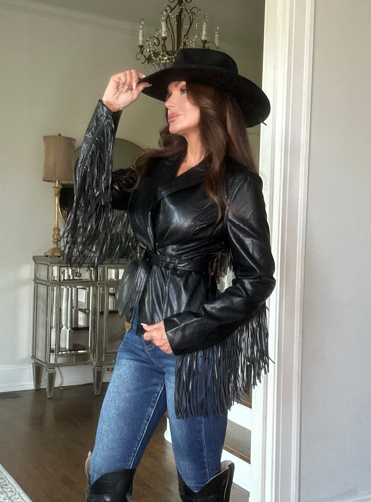 Blanche black vegan leather fringe crop jacket