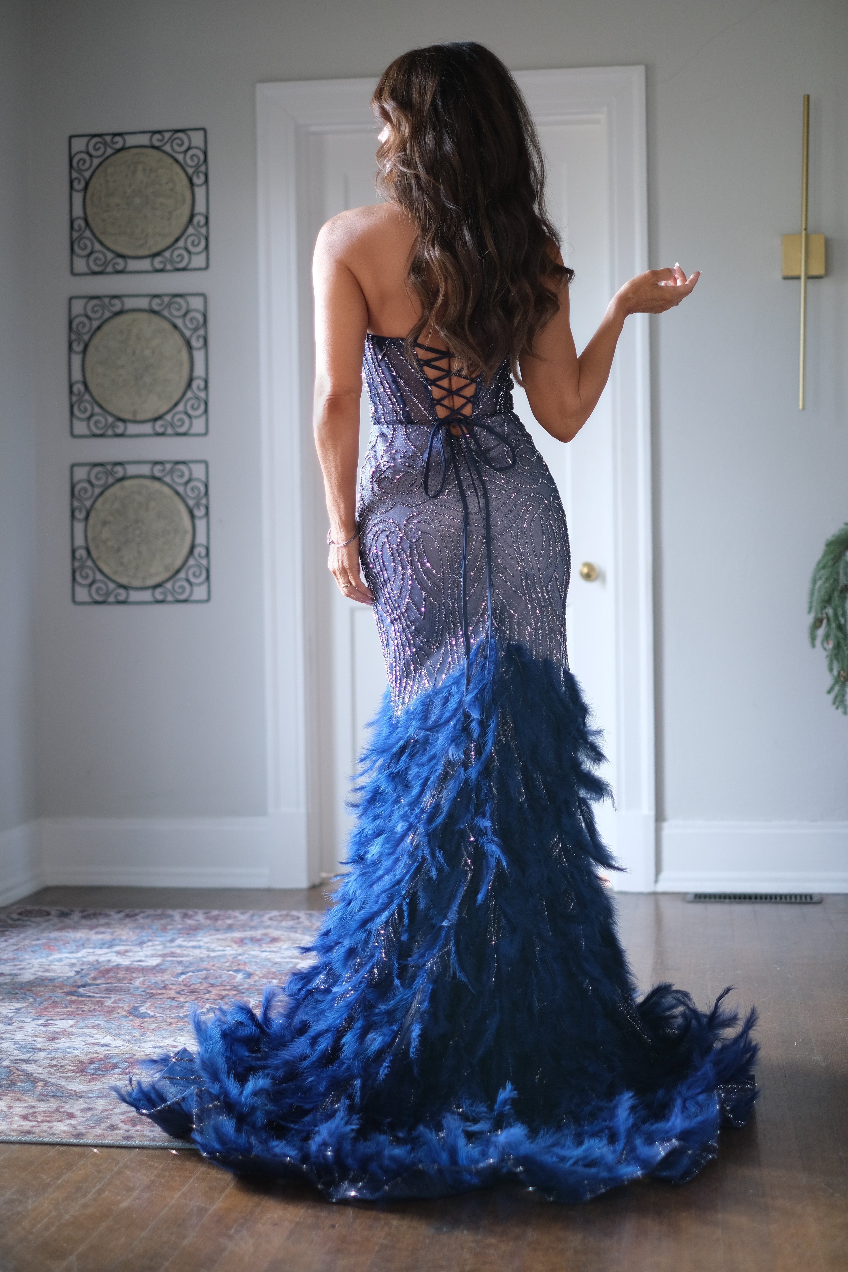 Marlo Navy Mermaid Gown with Feather Detail