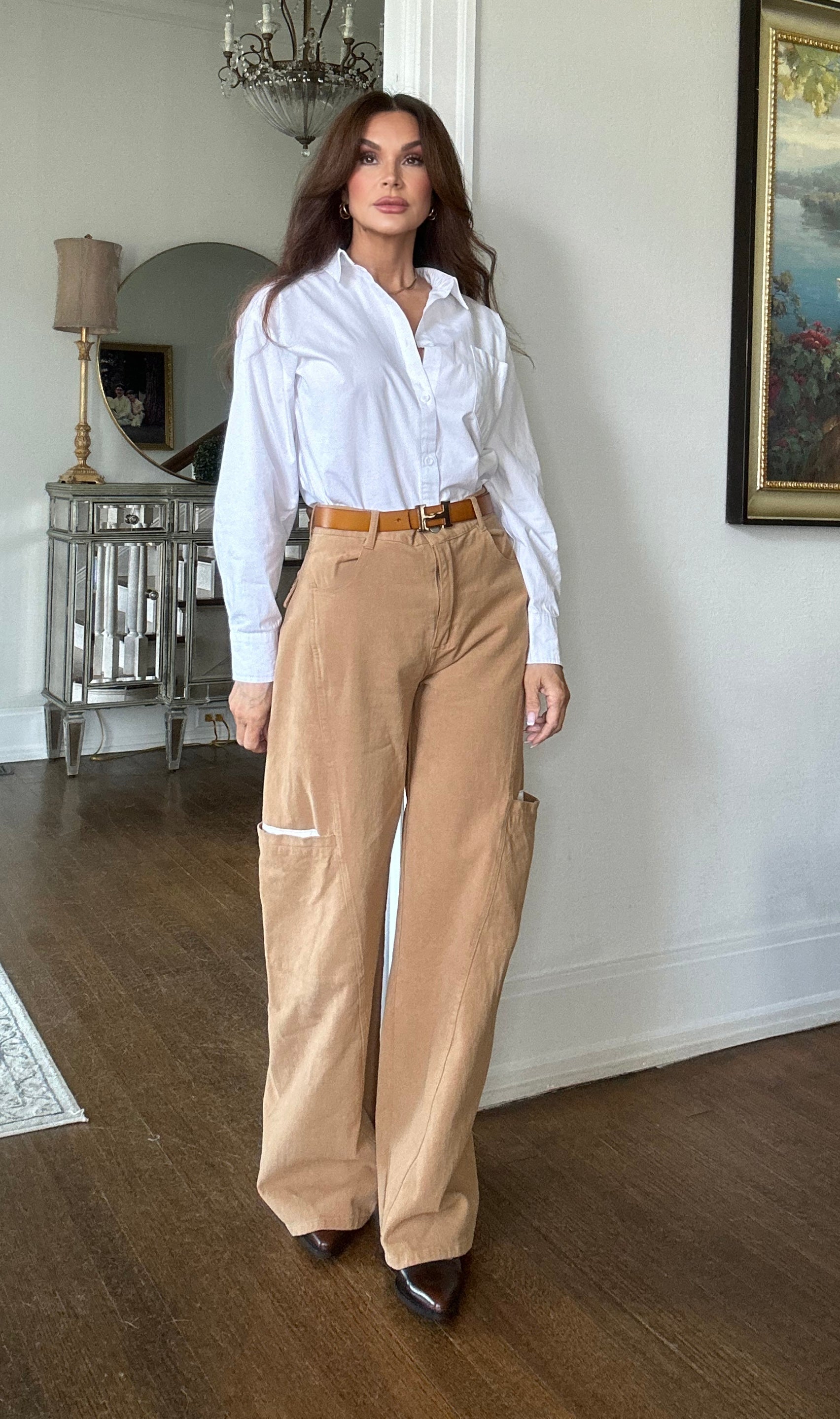 Zayla camel high wiast wide leg utility pant