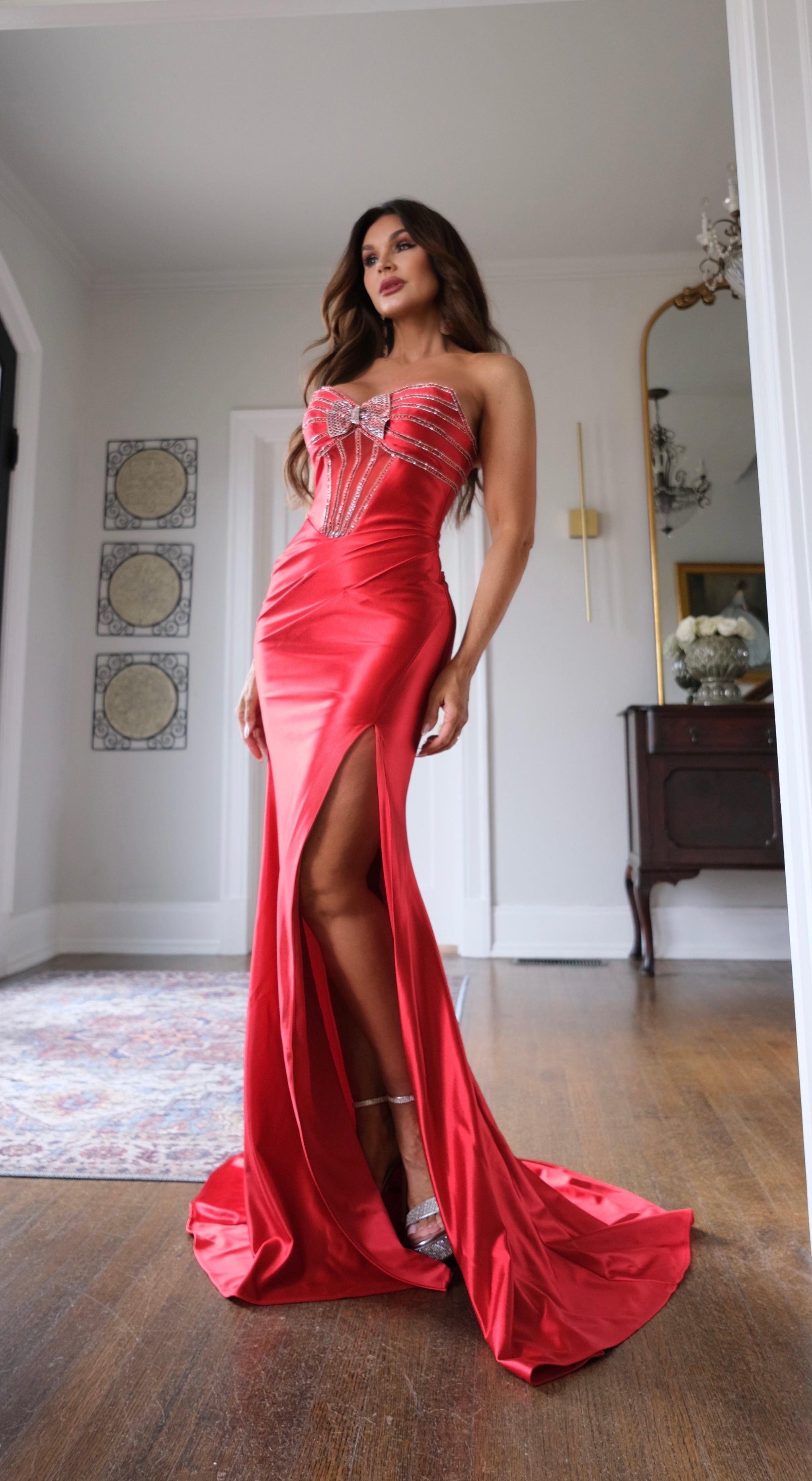 Neely red stoned bow corset top satin formal dress with slit