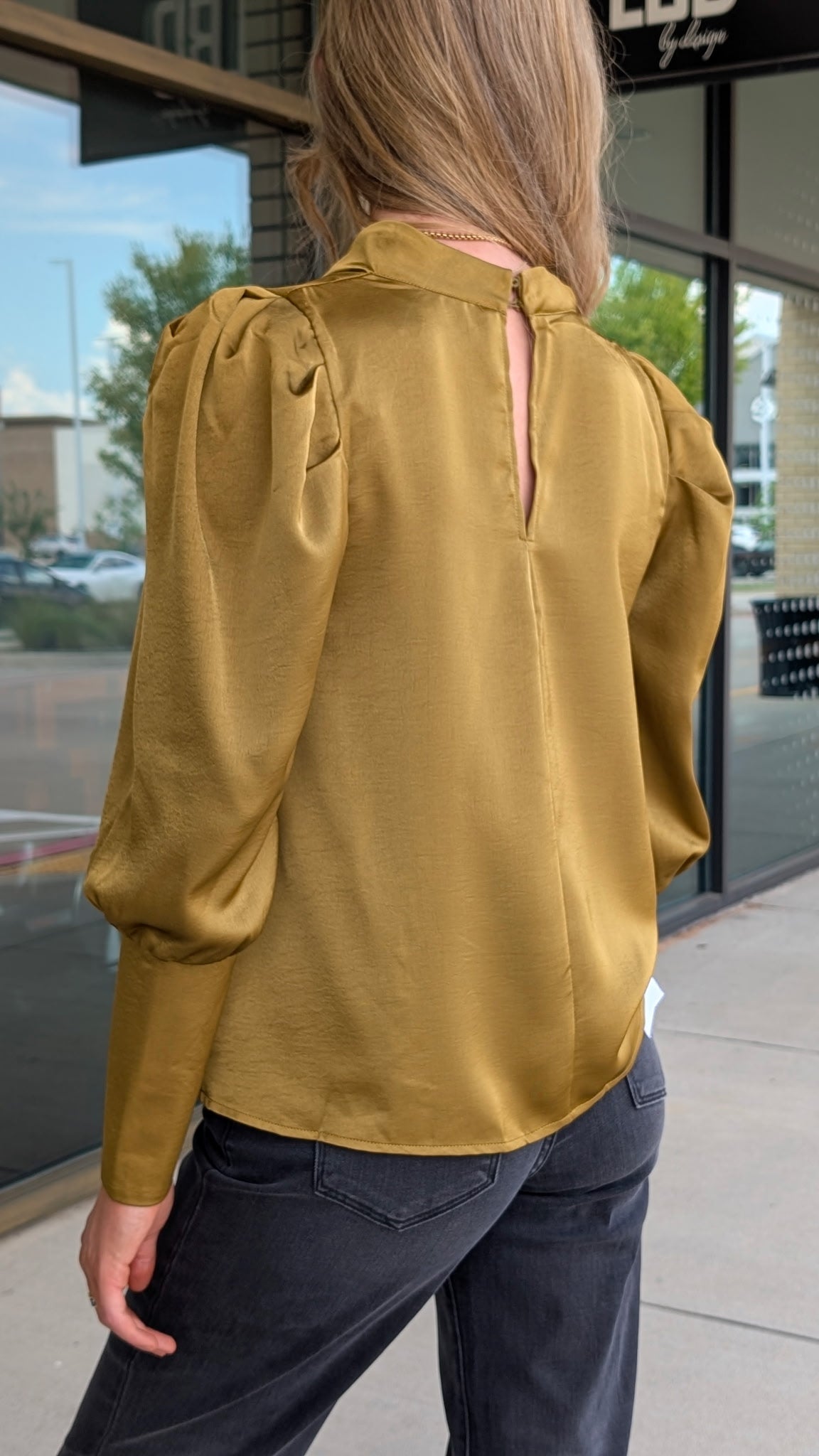 Corey Mustard Cowl Neck Blouse with Long Lantern Sleeve