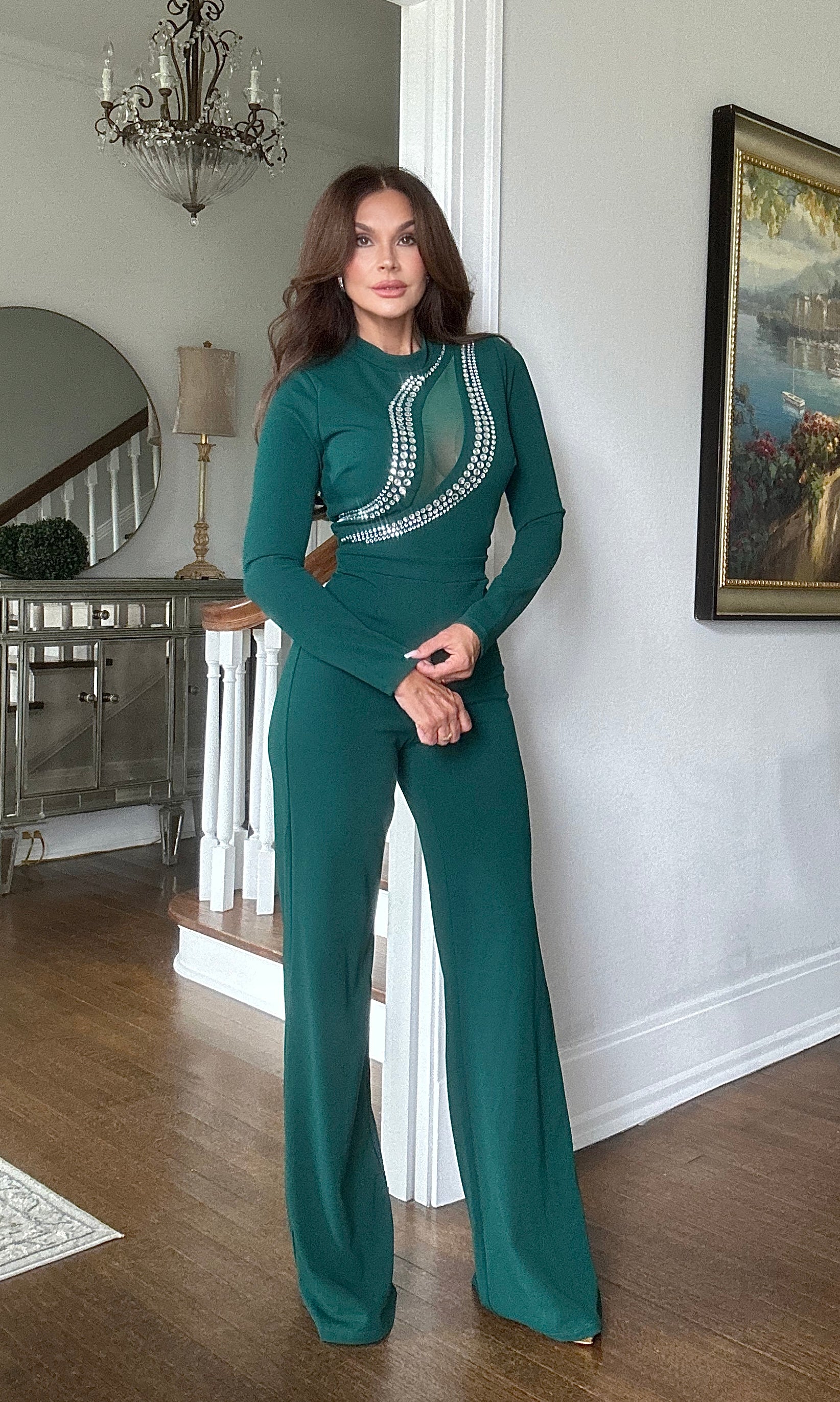 Paityn hunter green long sleeve jumpsuit with mesh cut out and stone detail