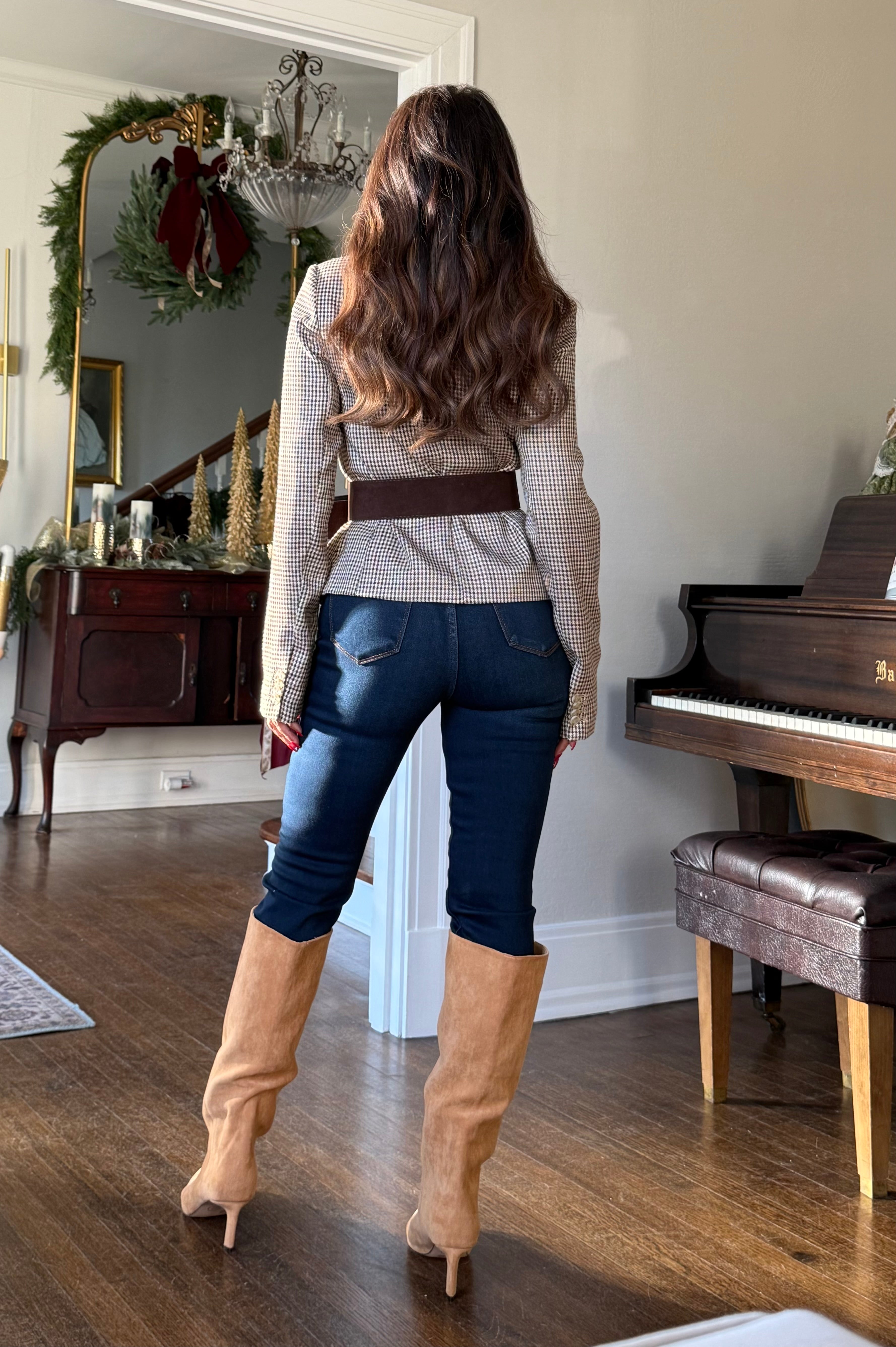 Lana Brown Plaid Round Neck Blazer