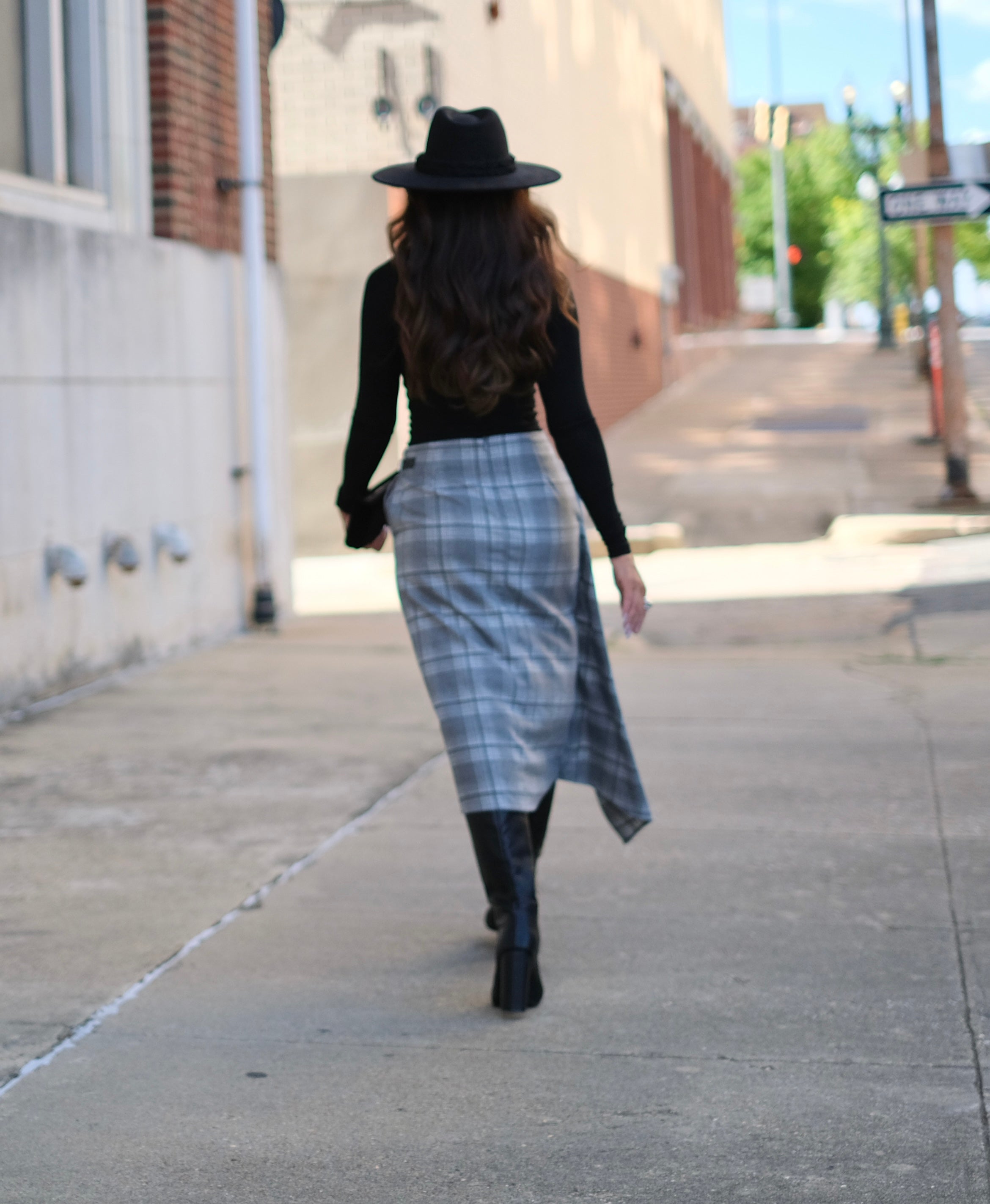 Sophie Grey Long Plaid Wrap Skirt with Buckle Detail