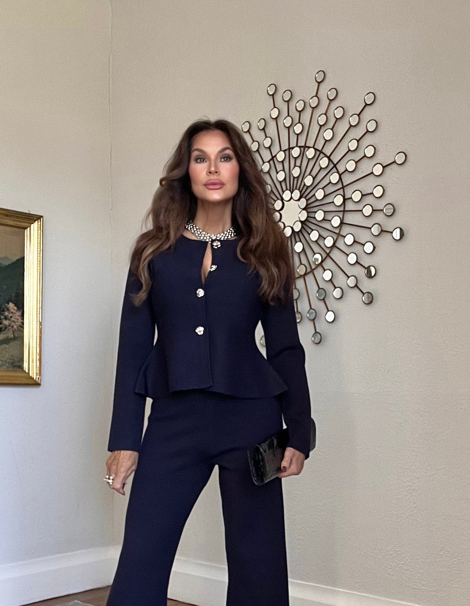 Liberty Navy Knit Peplum Long Sleeve Button Down Cardigan with Silver Buttons