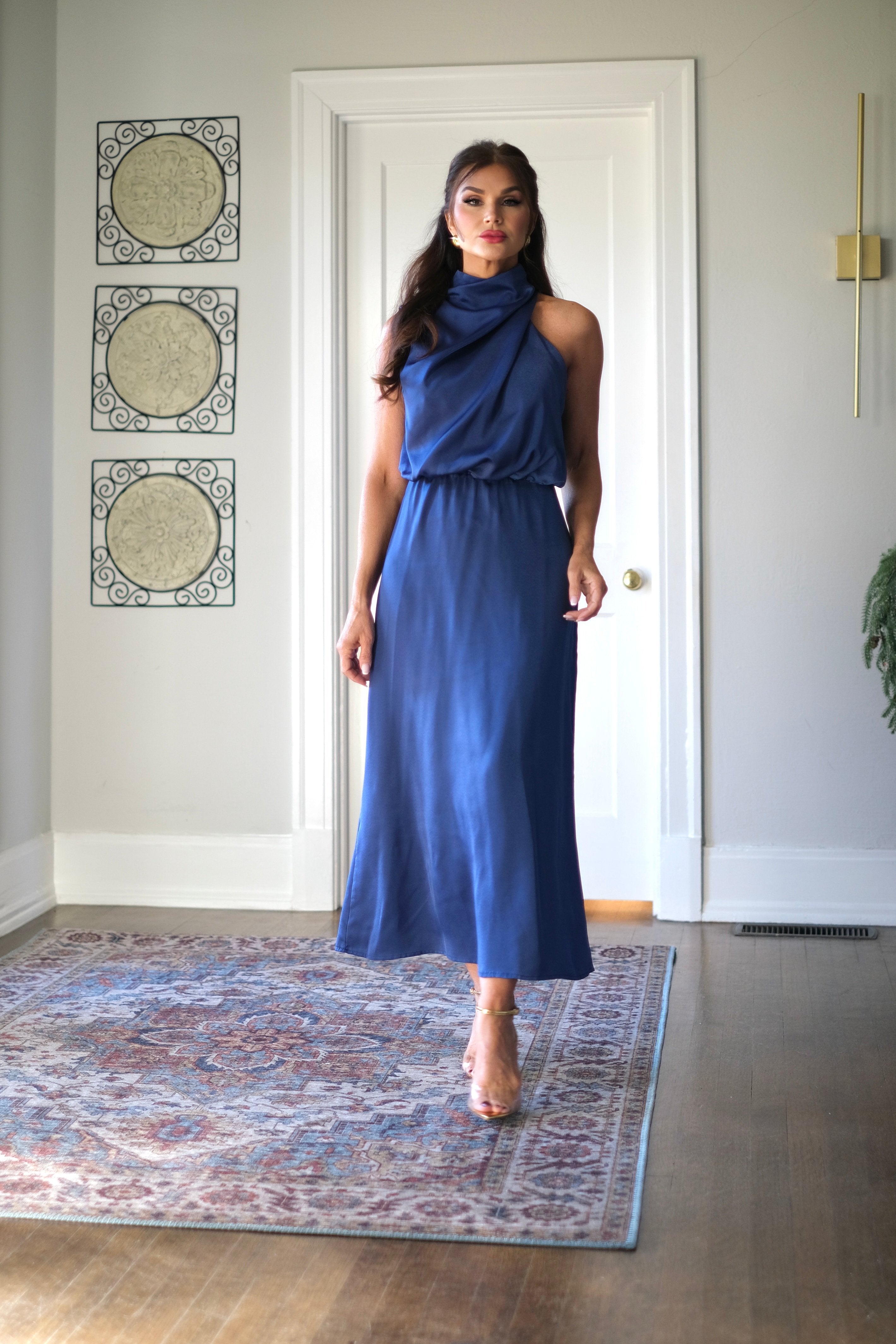 Suzanne Blue Satin Sleeveless Midi Dress