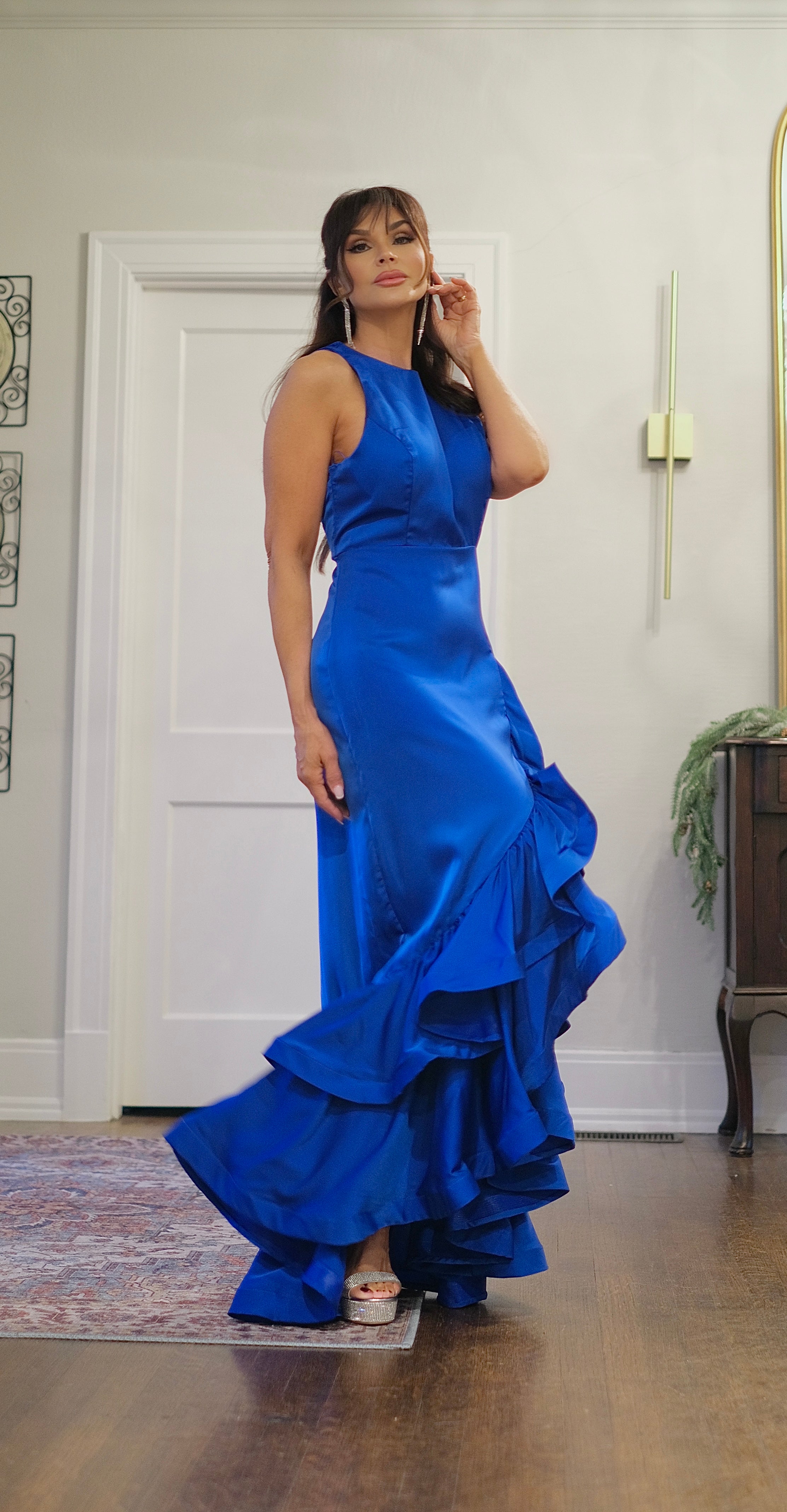 Renae royal blue sleeveless midi dres with ruffle slit