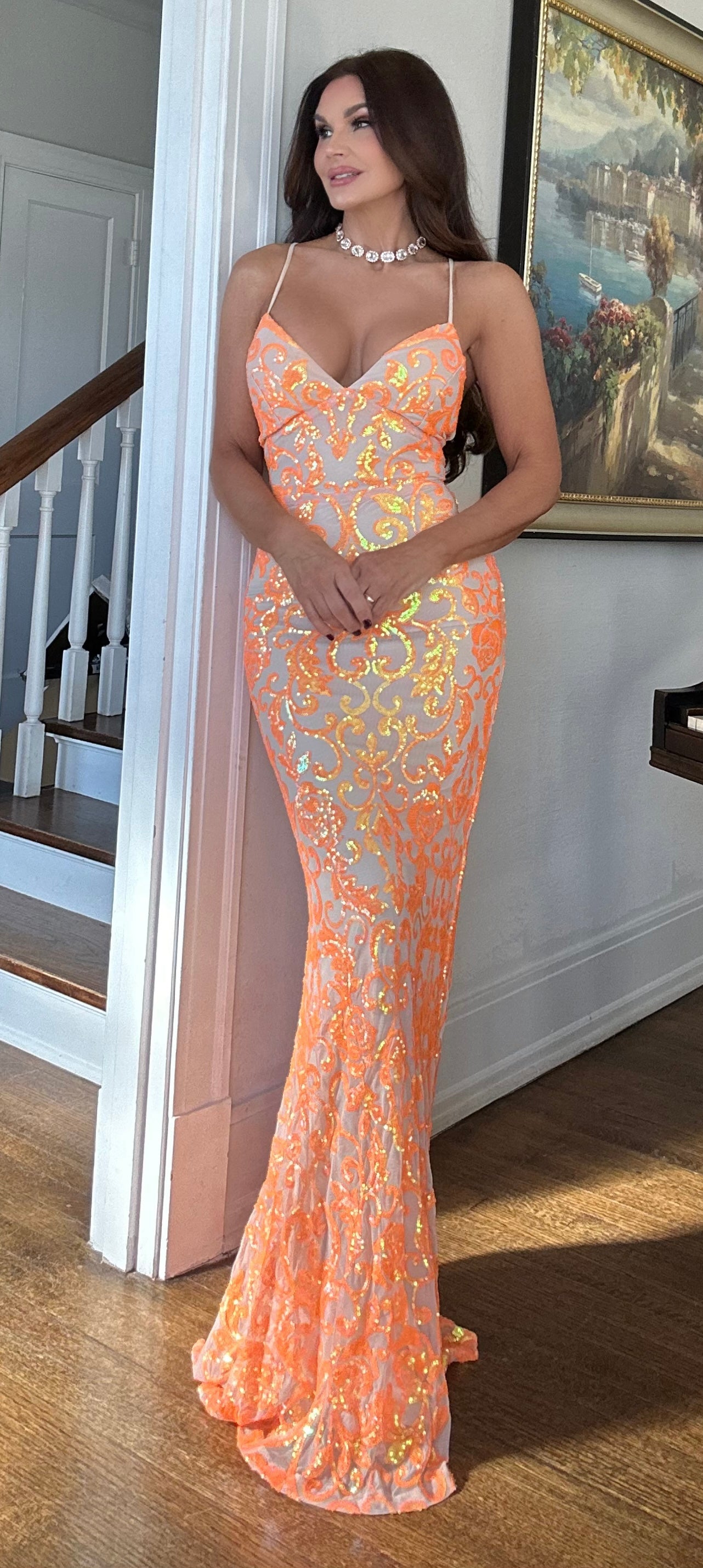 Bella orange and nude sequin maxi dress